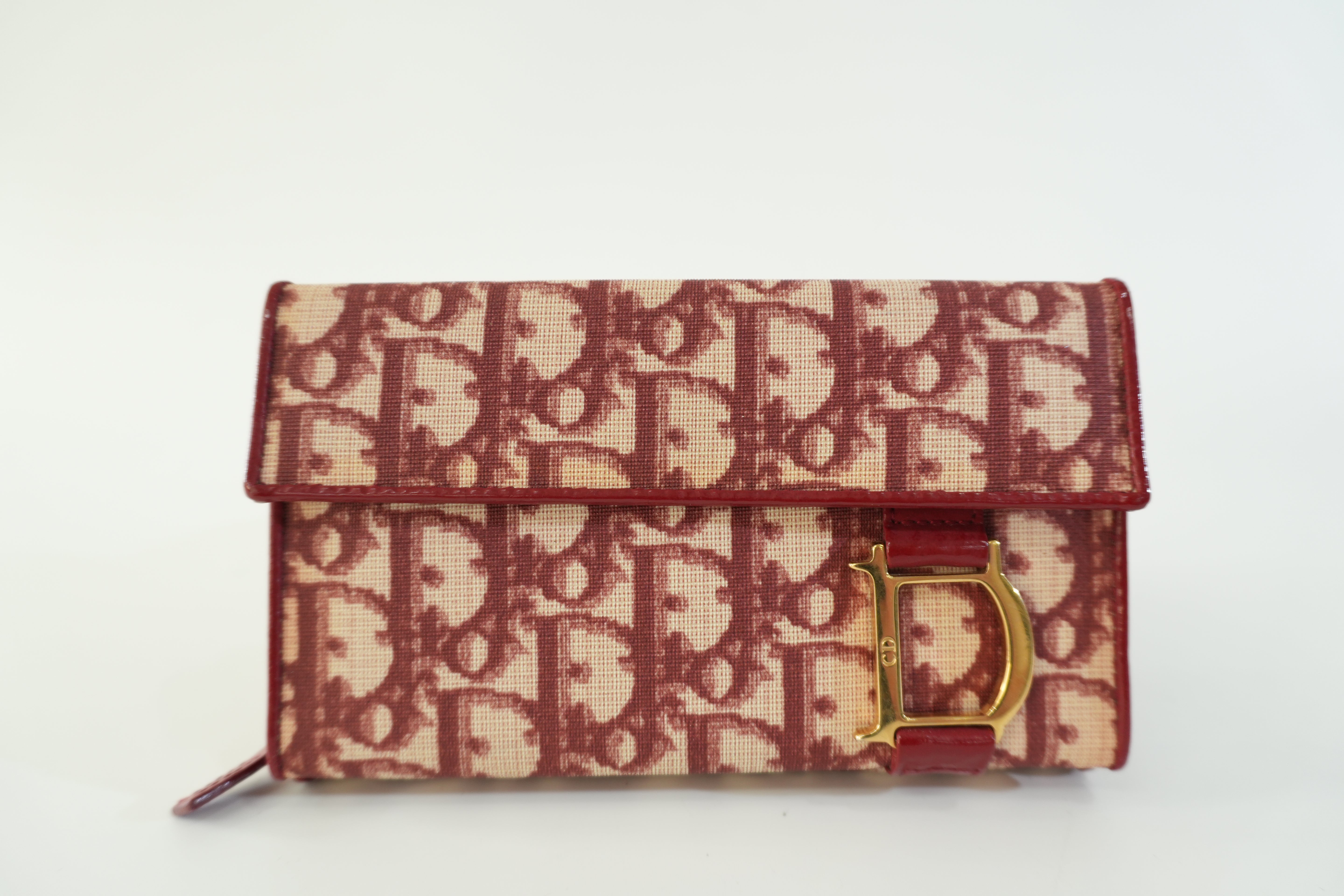 Pre-owned Christian Dior Canvas Oblique Short Wallet Burgundy