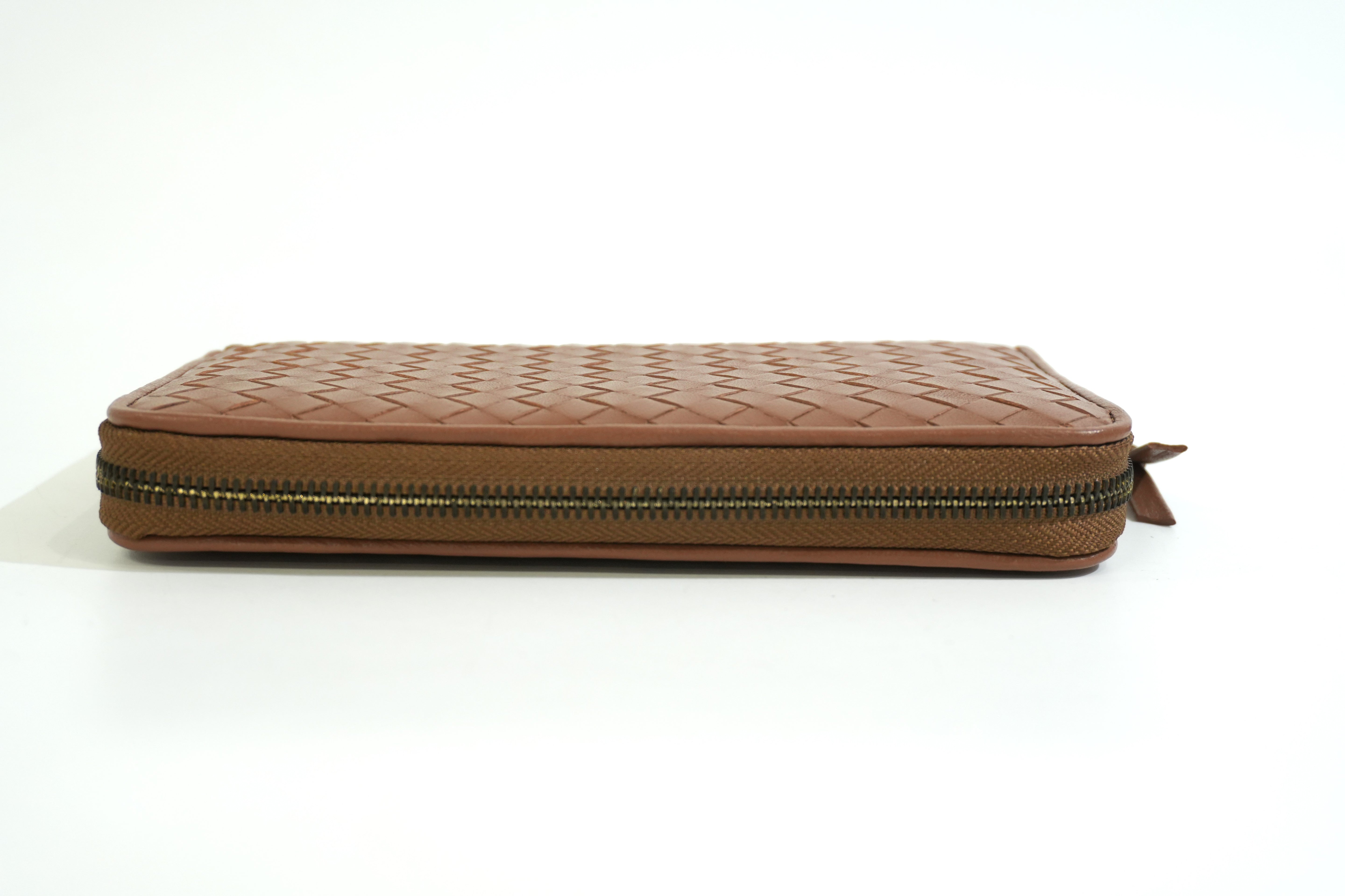Pre-owned Bottega Intercciato Zippy Long Wallet Brown