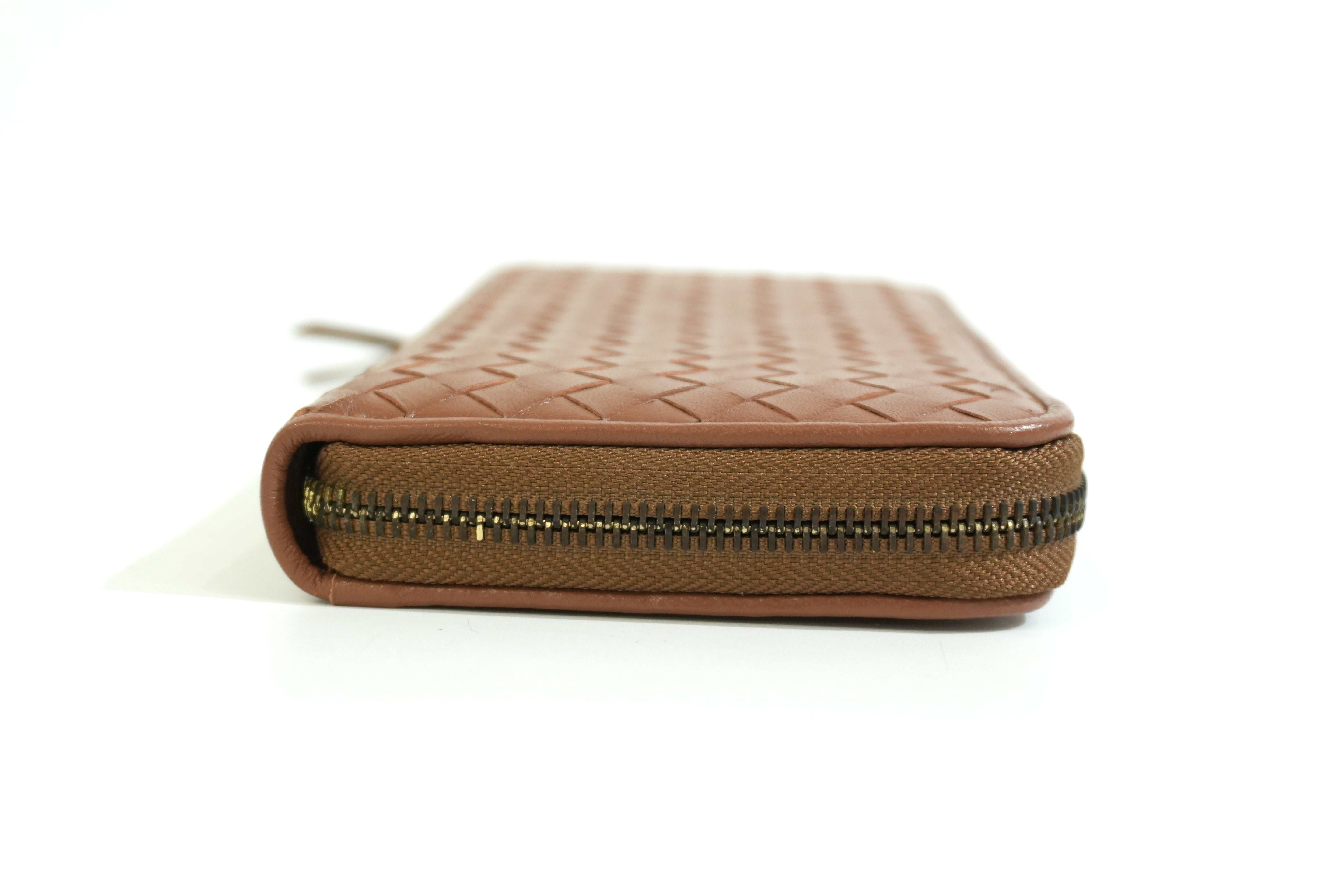 Pre-owned Bottega Intercciato Zippy Long Wallet Brown