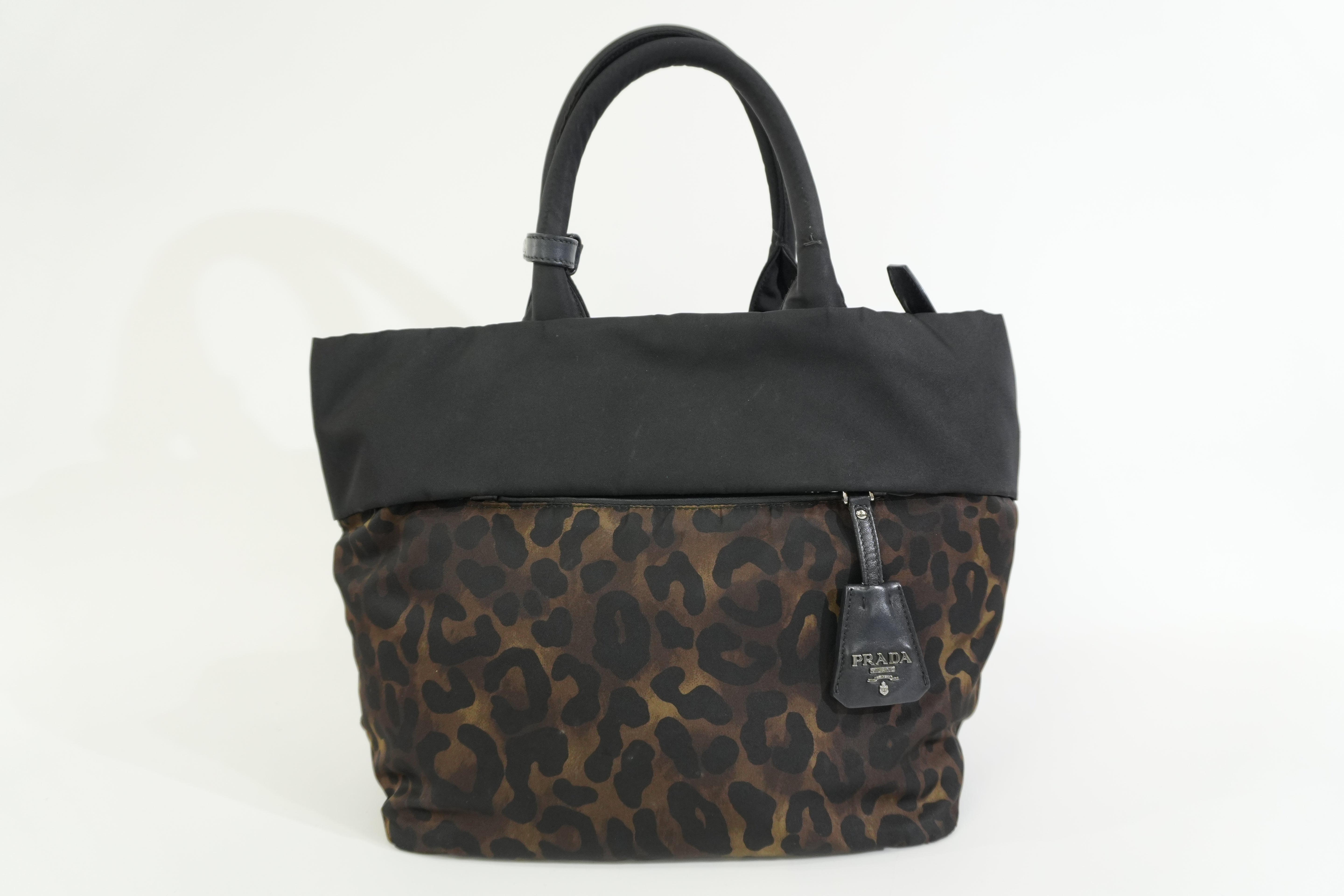 Pre-owned Prada Nylon Padded Animal Print Handbag Brown and Black