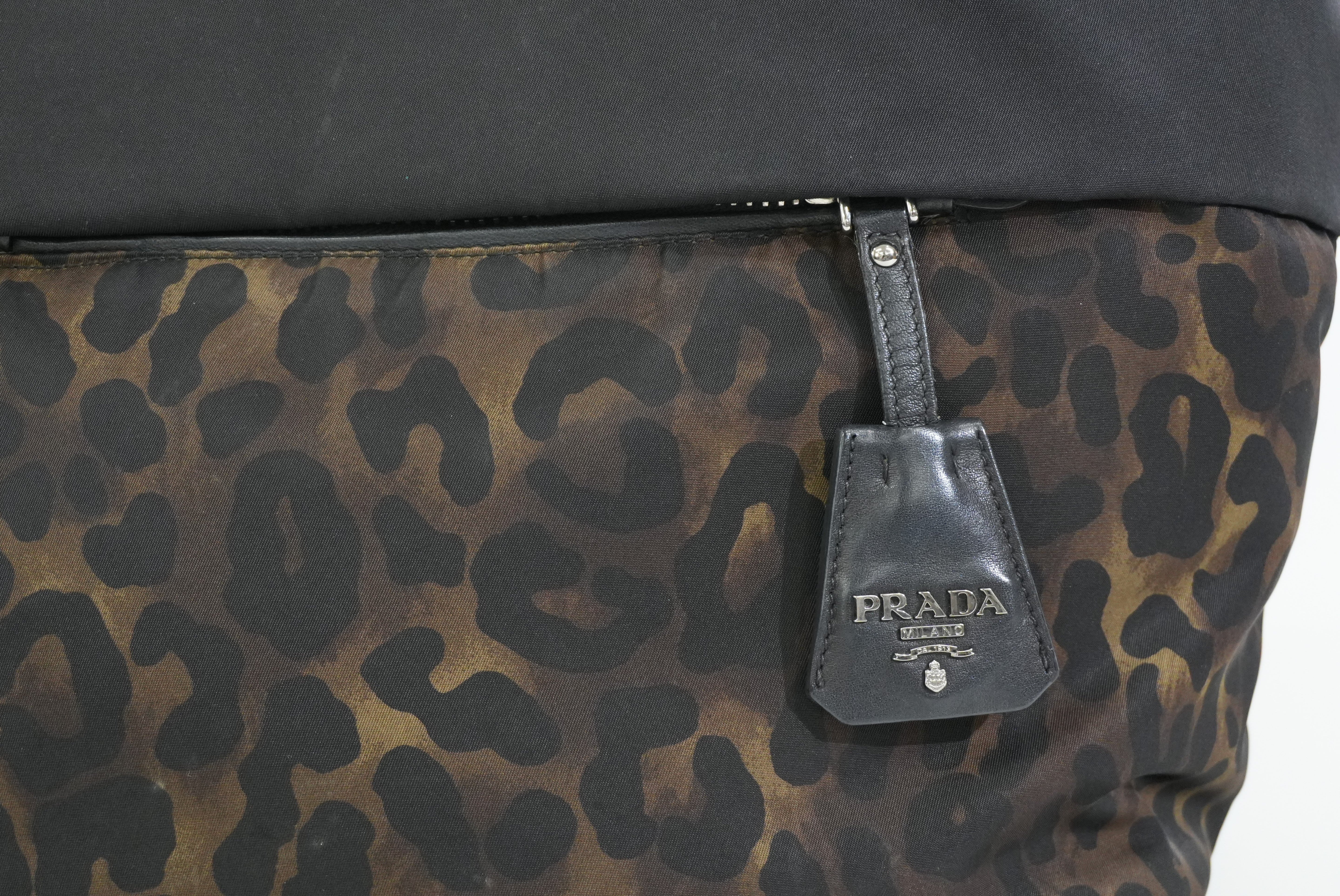 Pre-owned Prada Nylon Padded Animal Print Handbag Brown and Black