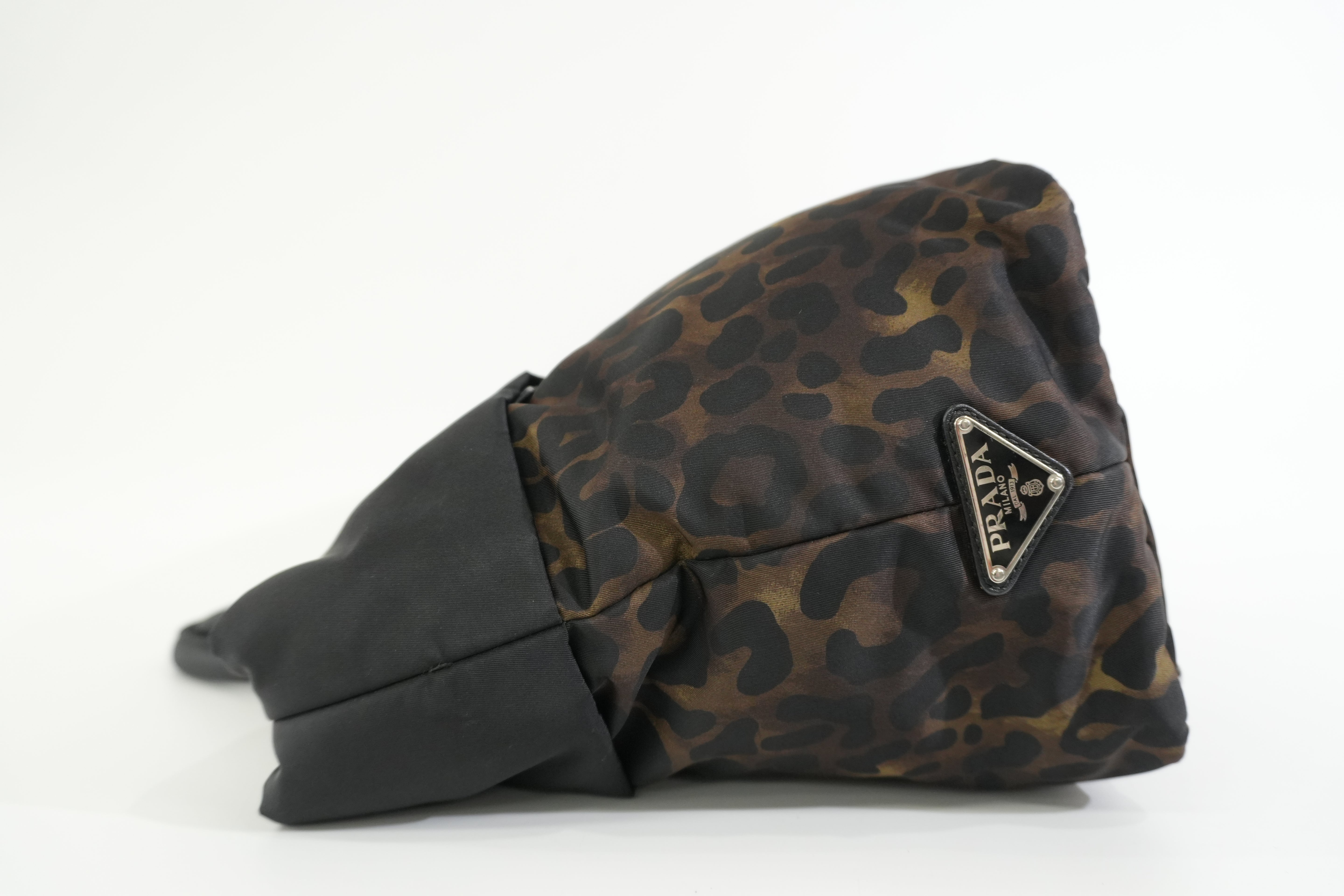 Pre-owned Prada Nylon Padded Animal Print Handbag Brown and Black