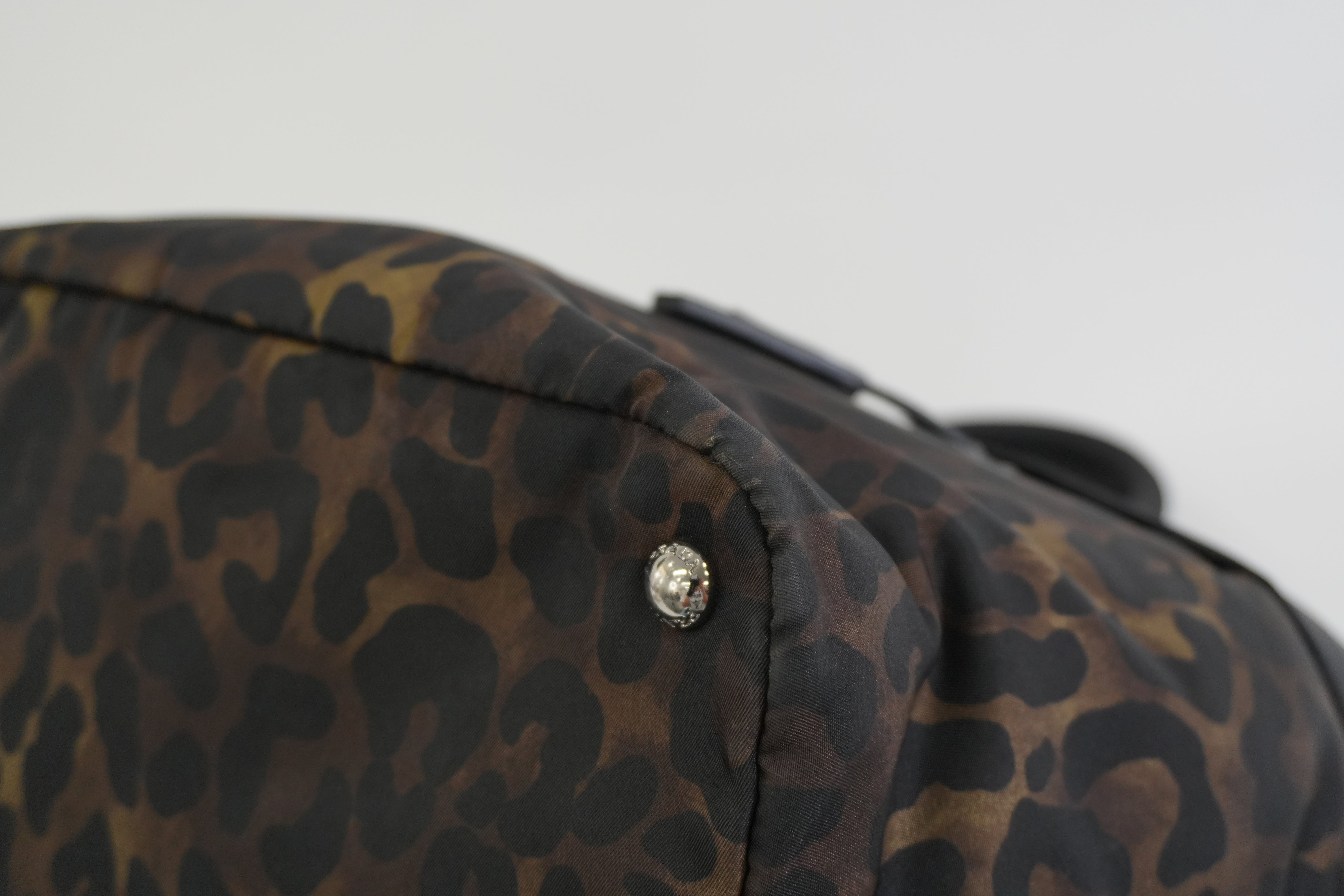 Pre-owned Prada Nylon Padded Animal Print Handbag Brown and Black