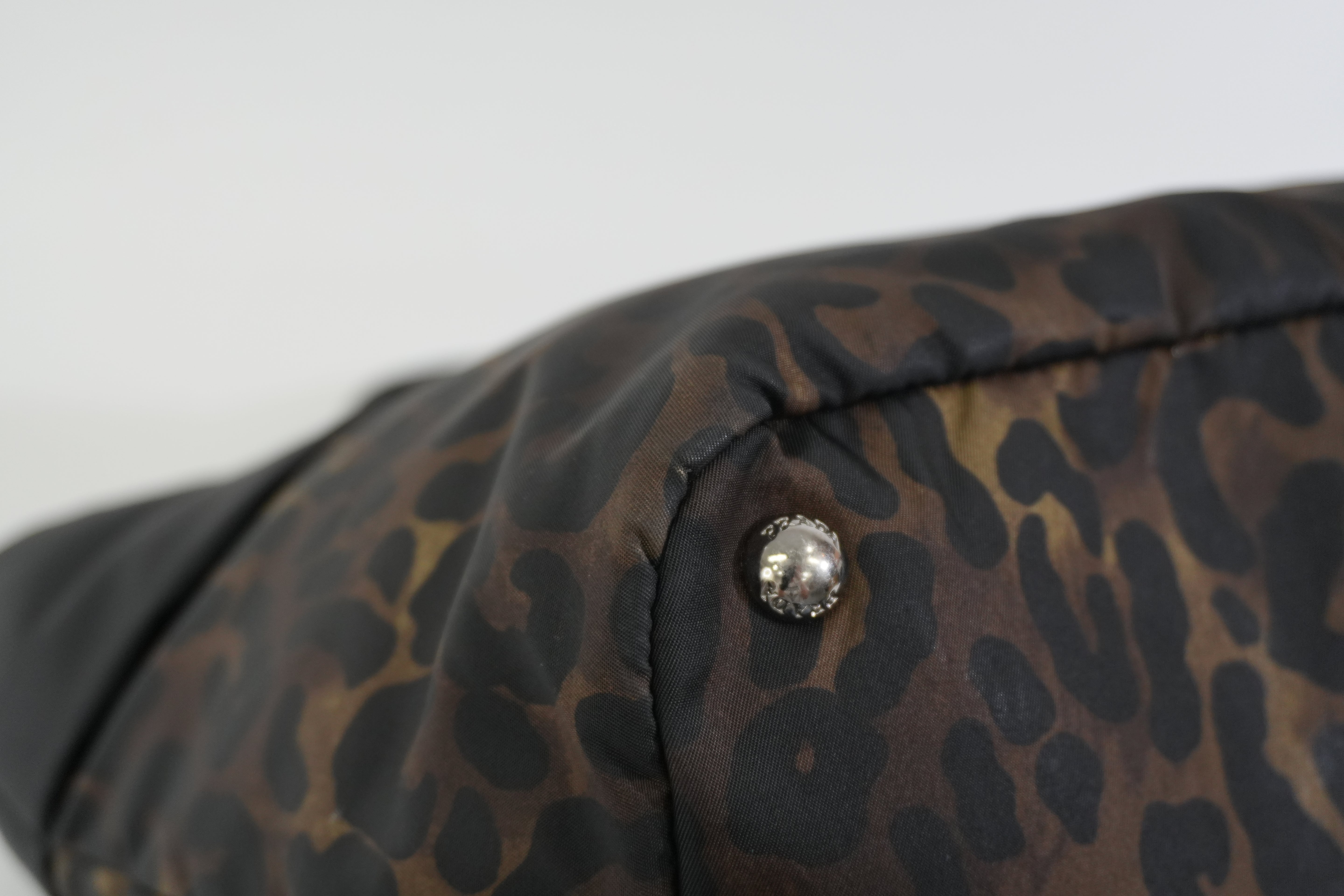 Pre-owned Prada Nylon Padded Animal Print Handbag Brown and Black