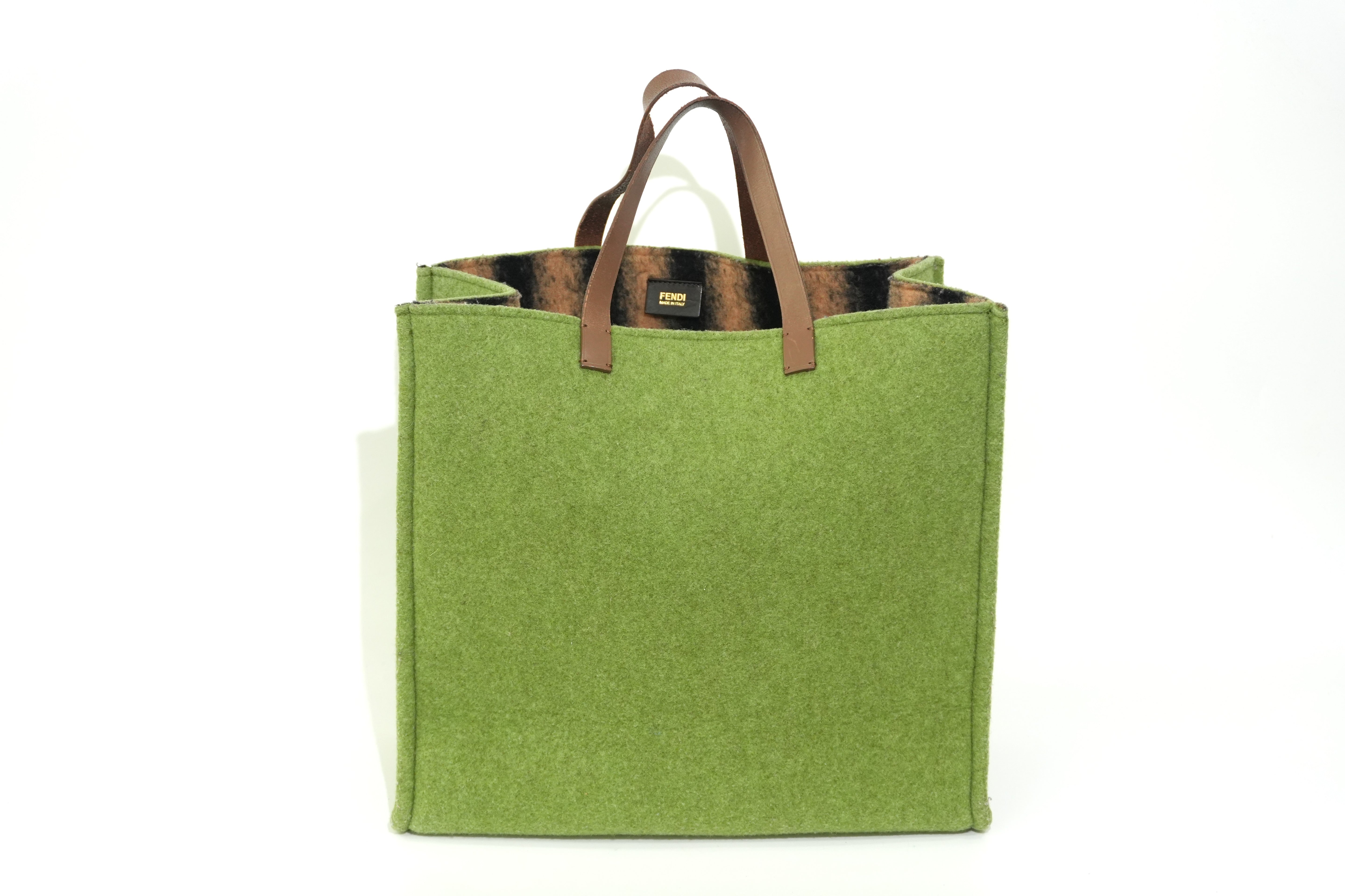 Pre-owned Fendi Wool Felt Shopping Tote Bag Green