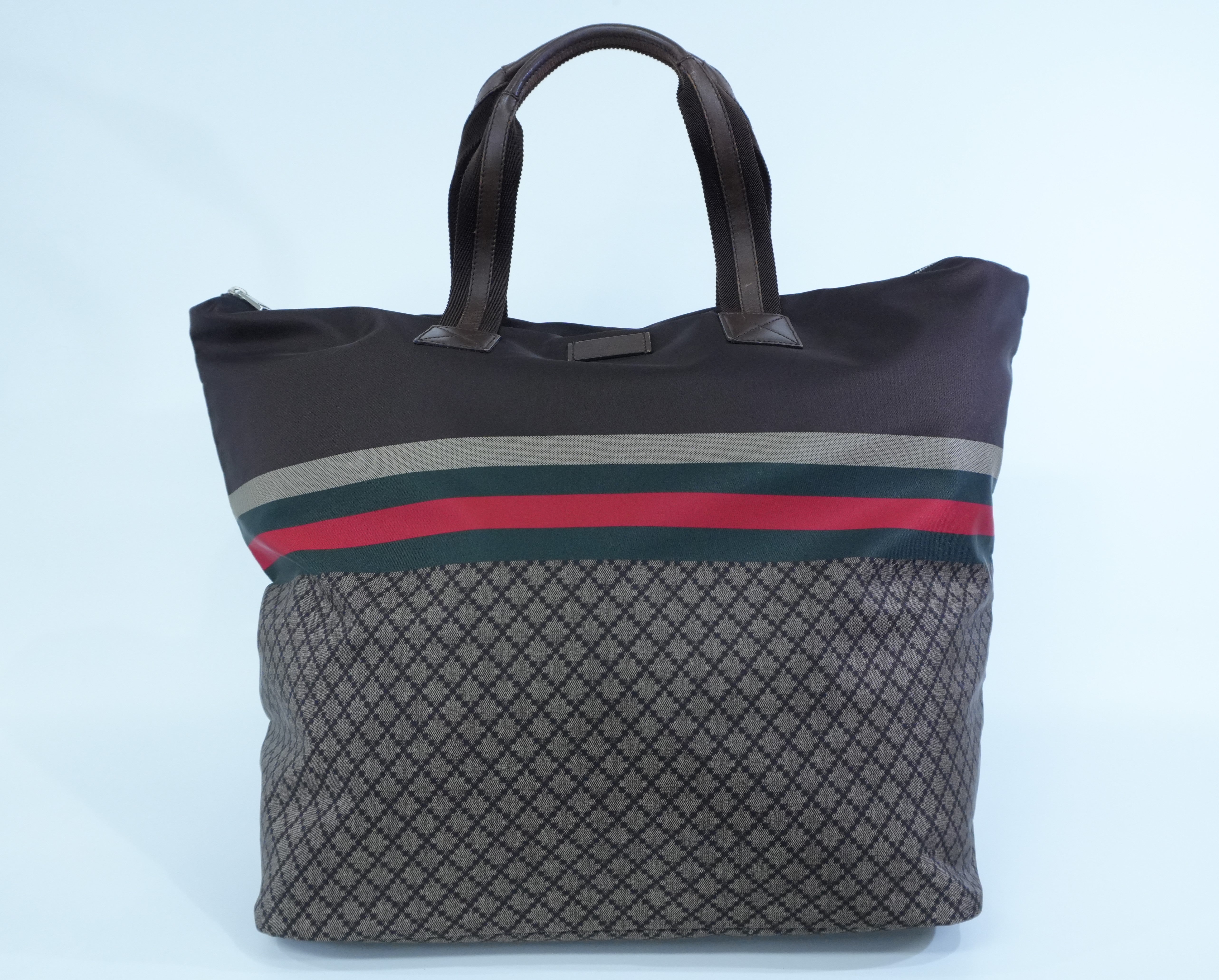 Pre-owned Gucci Nylon Diamante Travel Tote Bag Brown