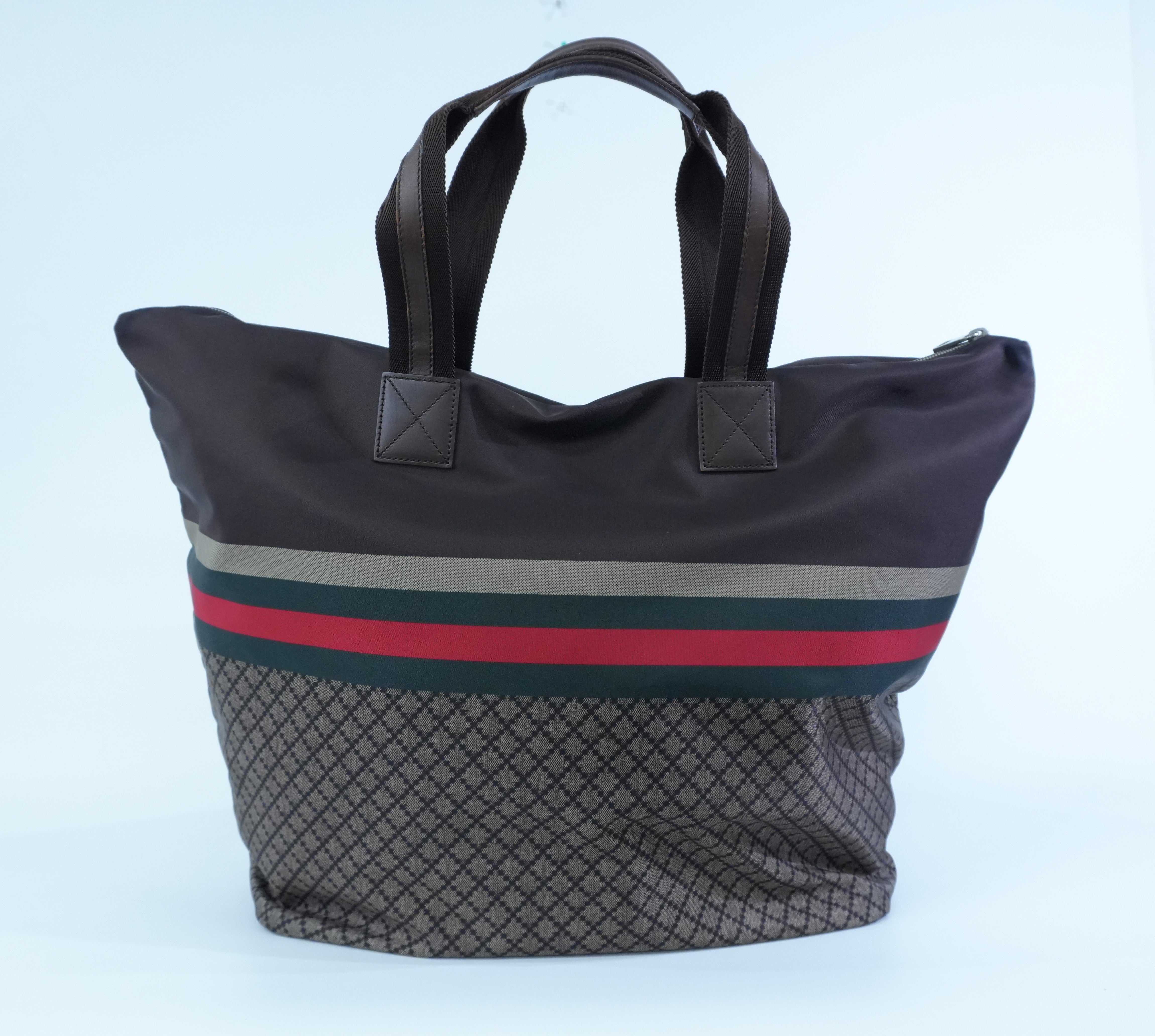Pre-owned Gucci Nylon Diamante Travel Tote Bag Brown