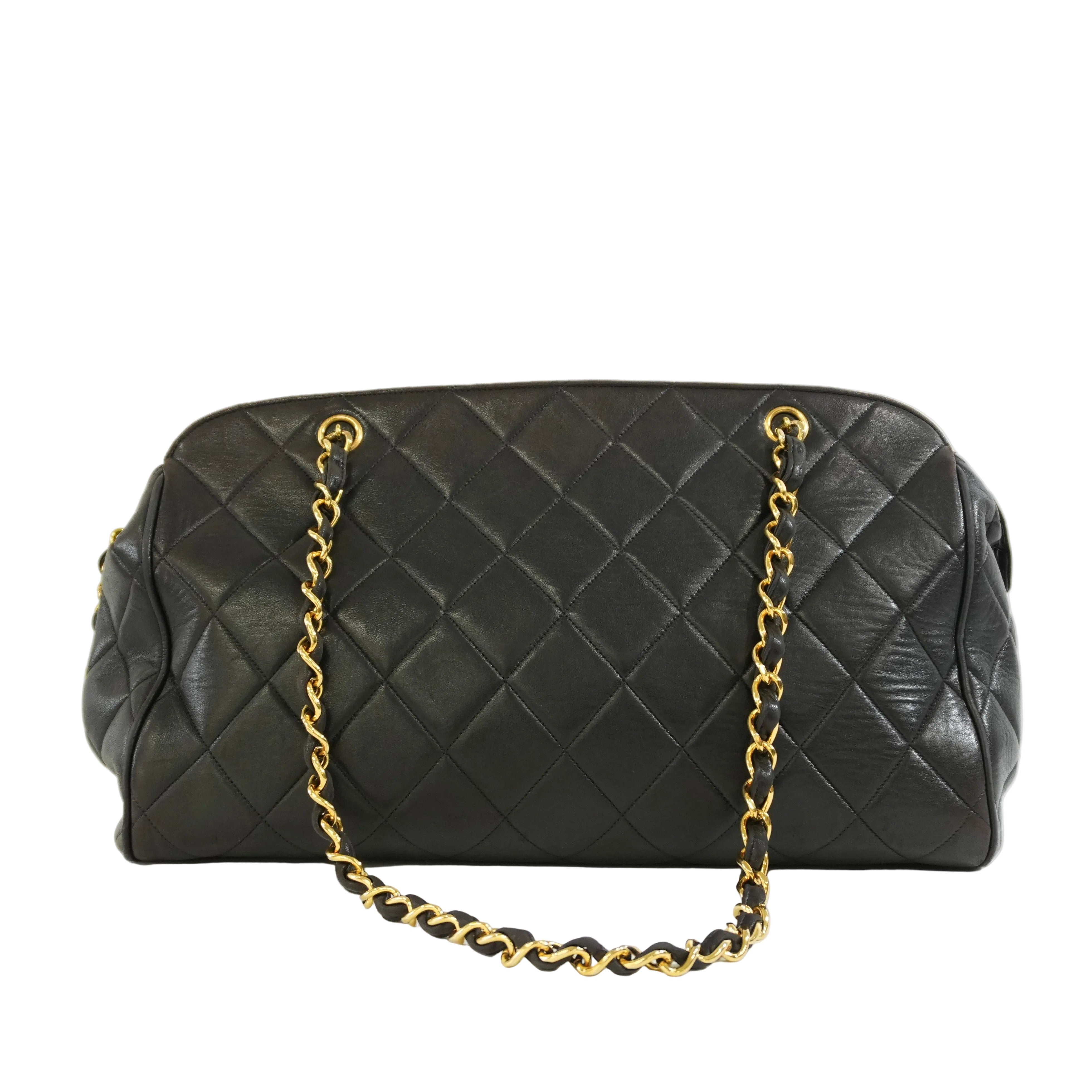 Pre-owned Chanel Lambskin Leather Quilted Chain Tote Bag Black