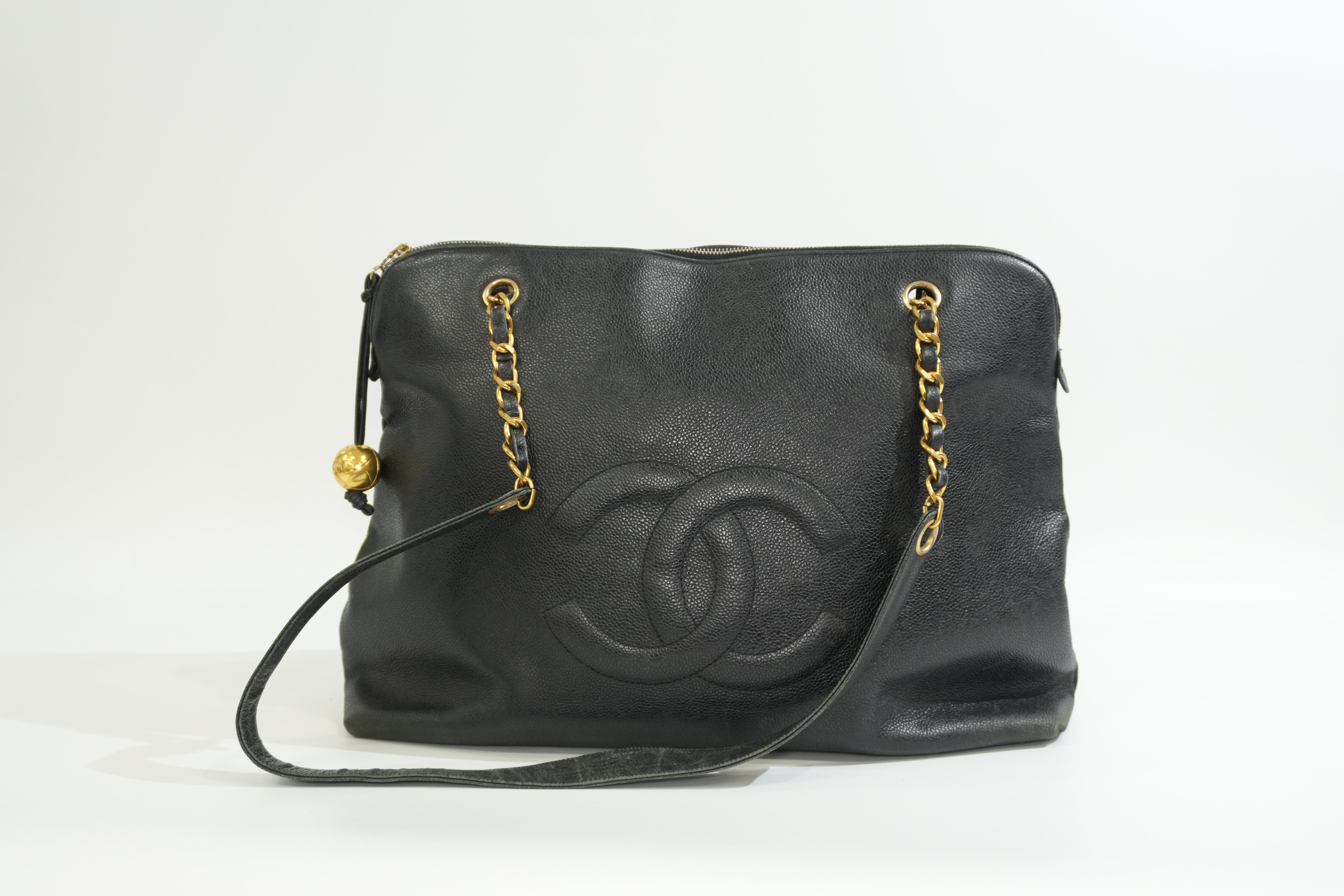 Pre-owned Caviar Skin Leather Chain Shoulder Tote Bag Black
