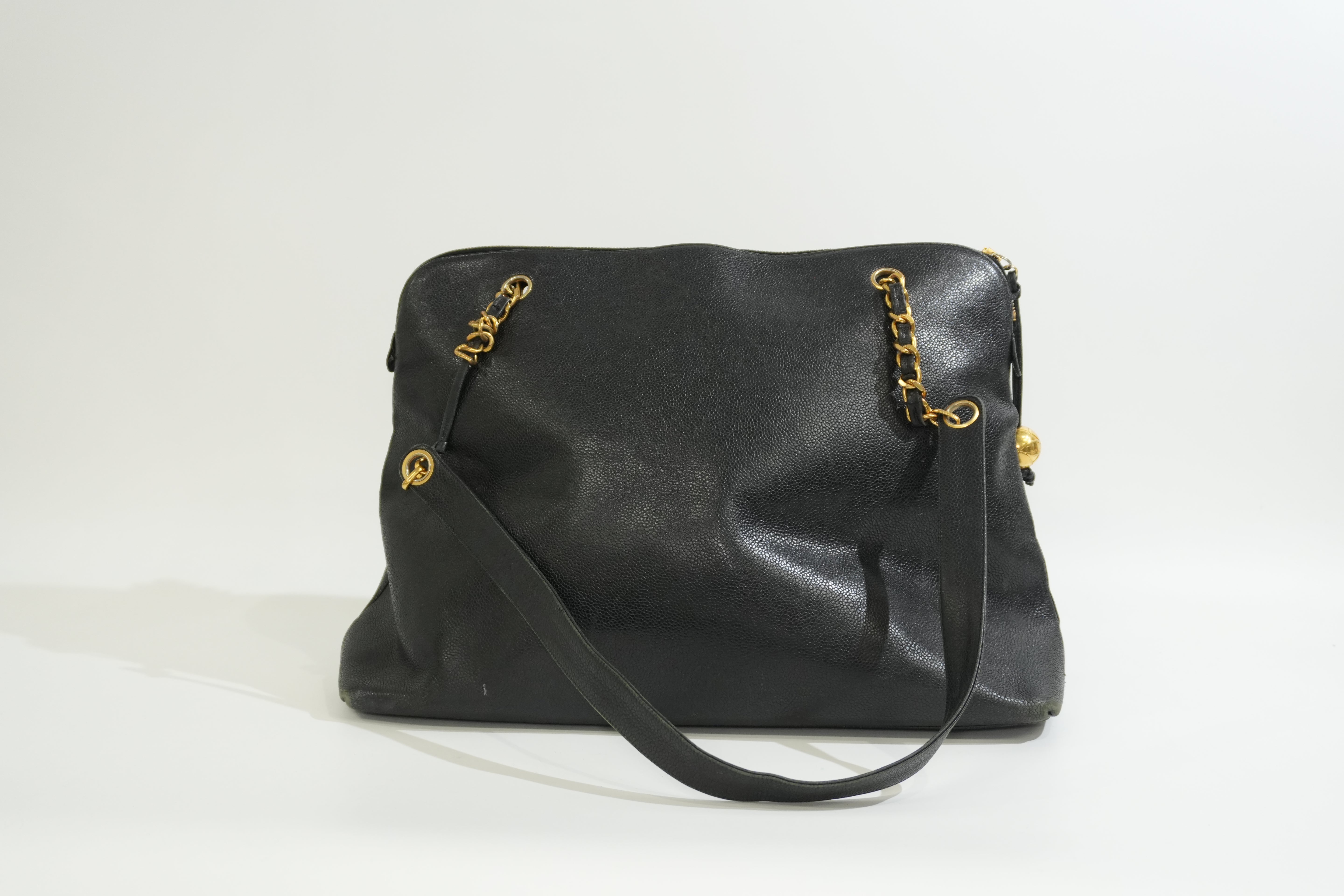 Pre-owned Caviar Skin Leather Chain Shoulder Tote Bag Black