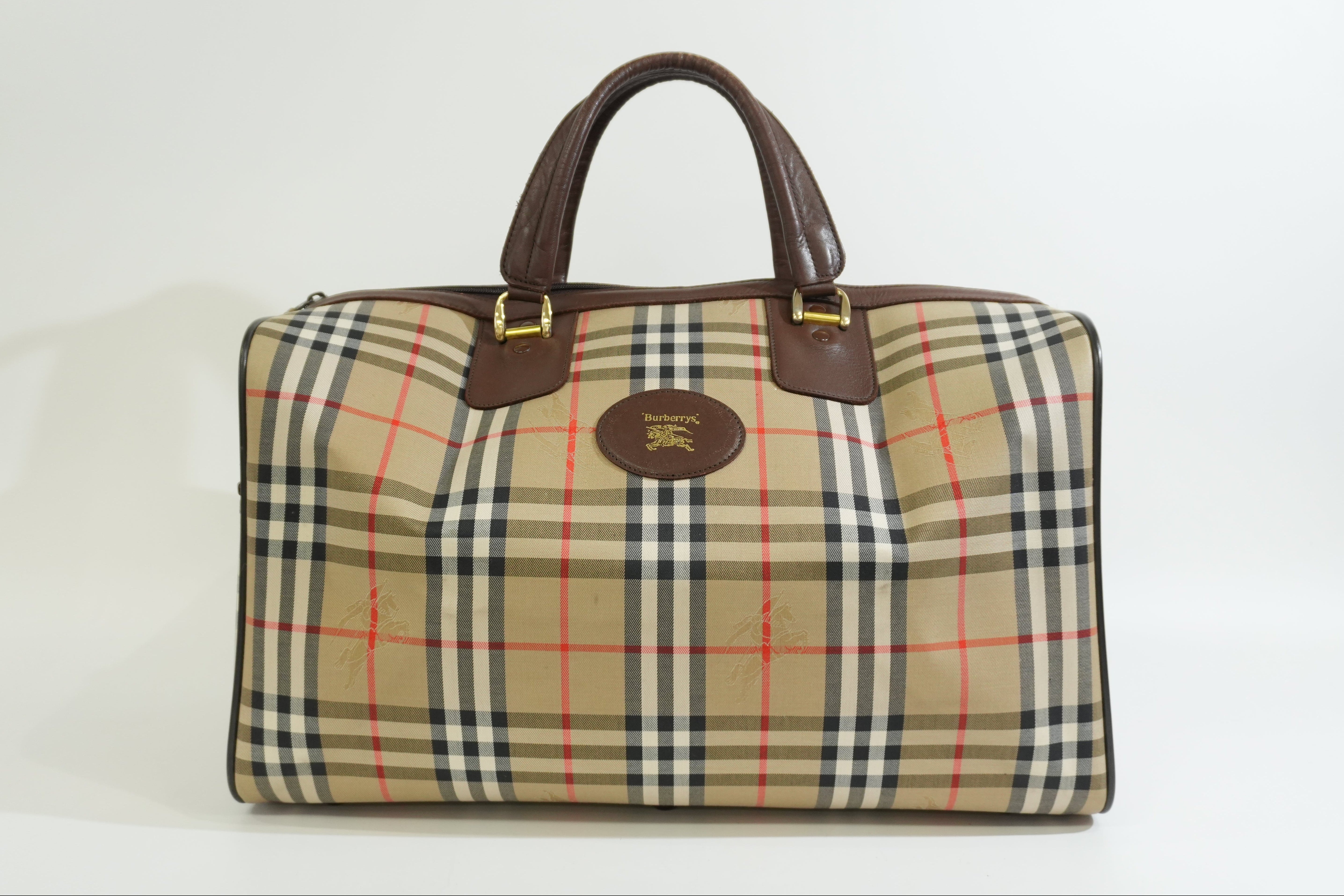 Pre-owned Burberry Haymarket Check Duffle Bag Size 45 Brown