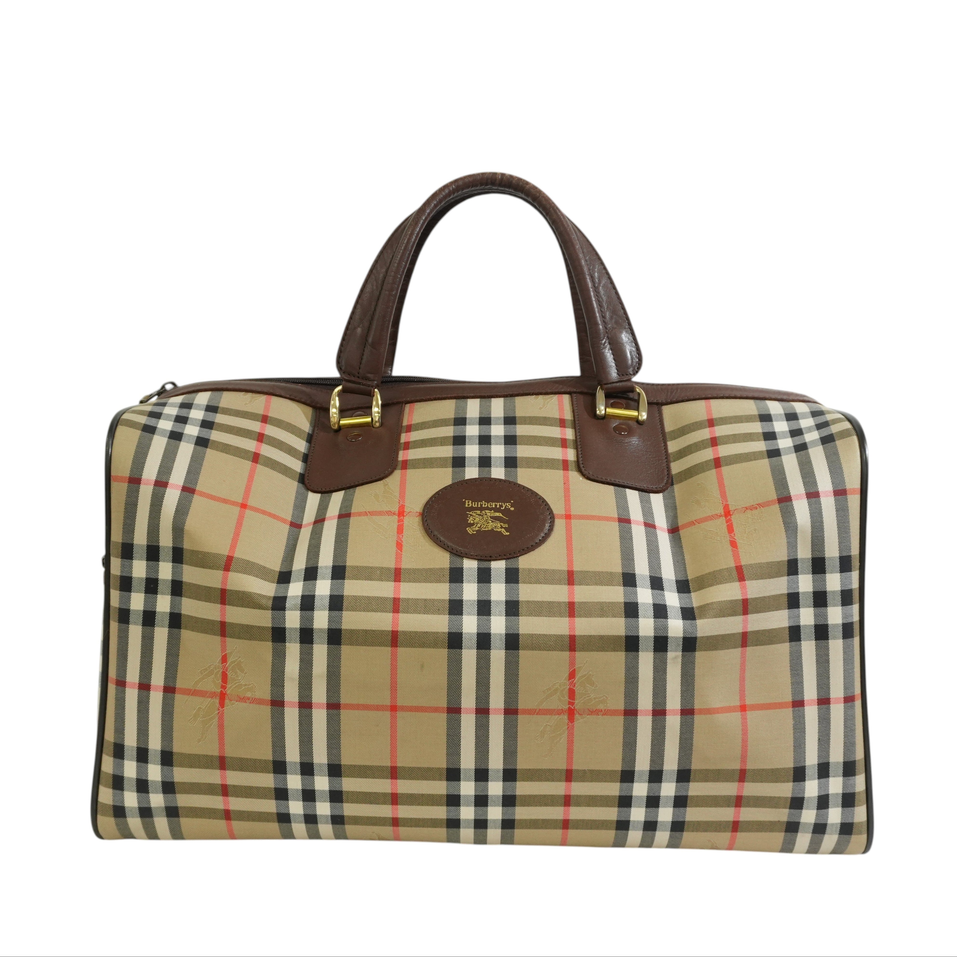 Pre-owned Burberry Haymarket Check Duffle Bag Size 45 Brown