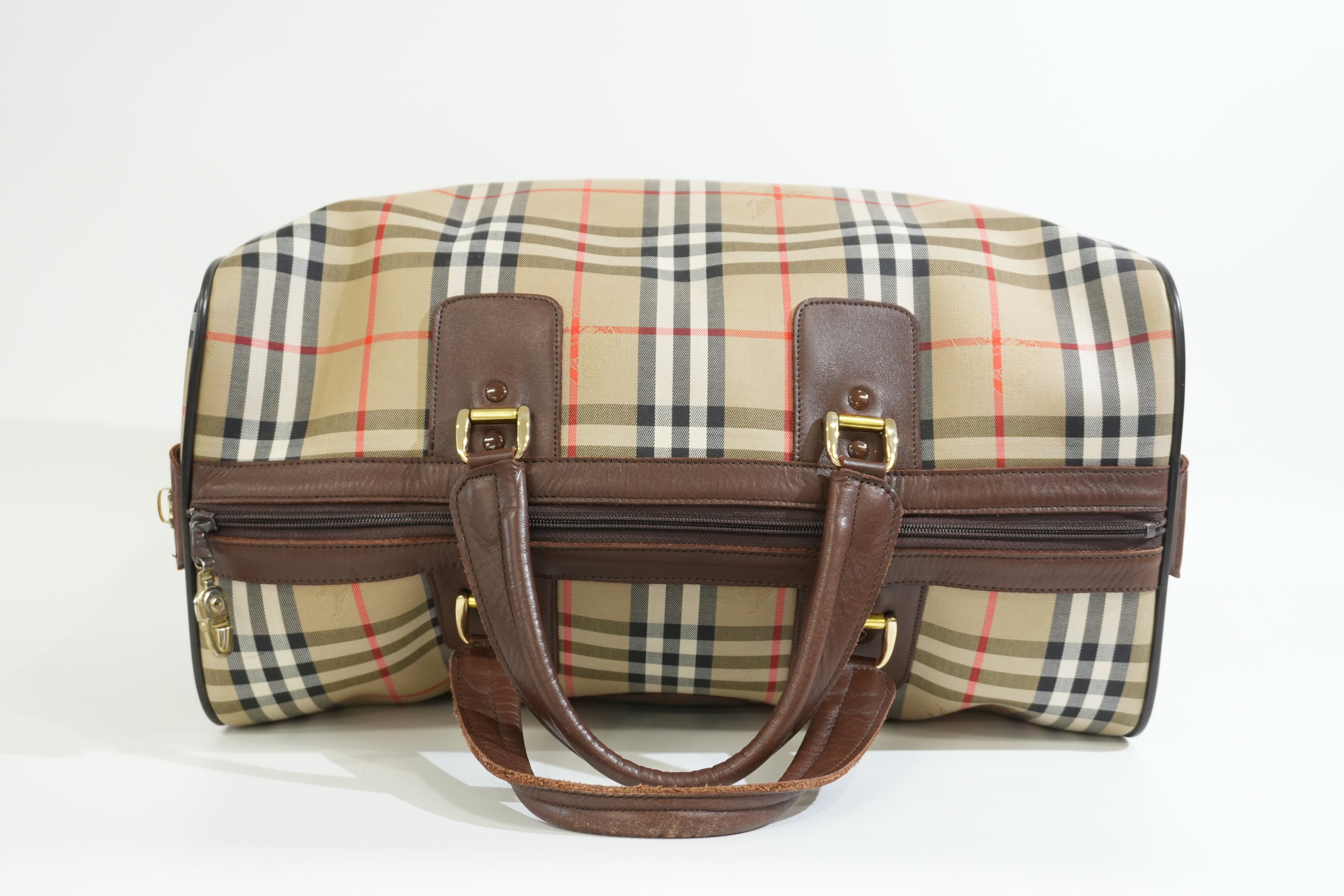 Pre-owned Burberry Haymarket Check Duffle Bag Size 45 Brown
