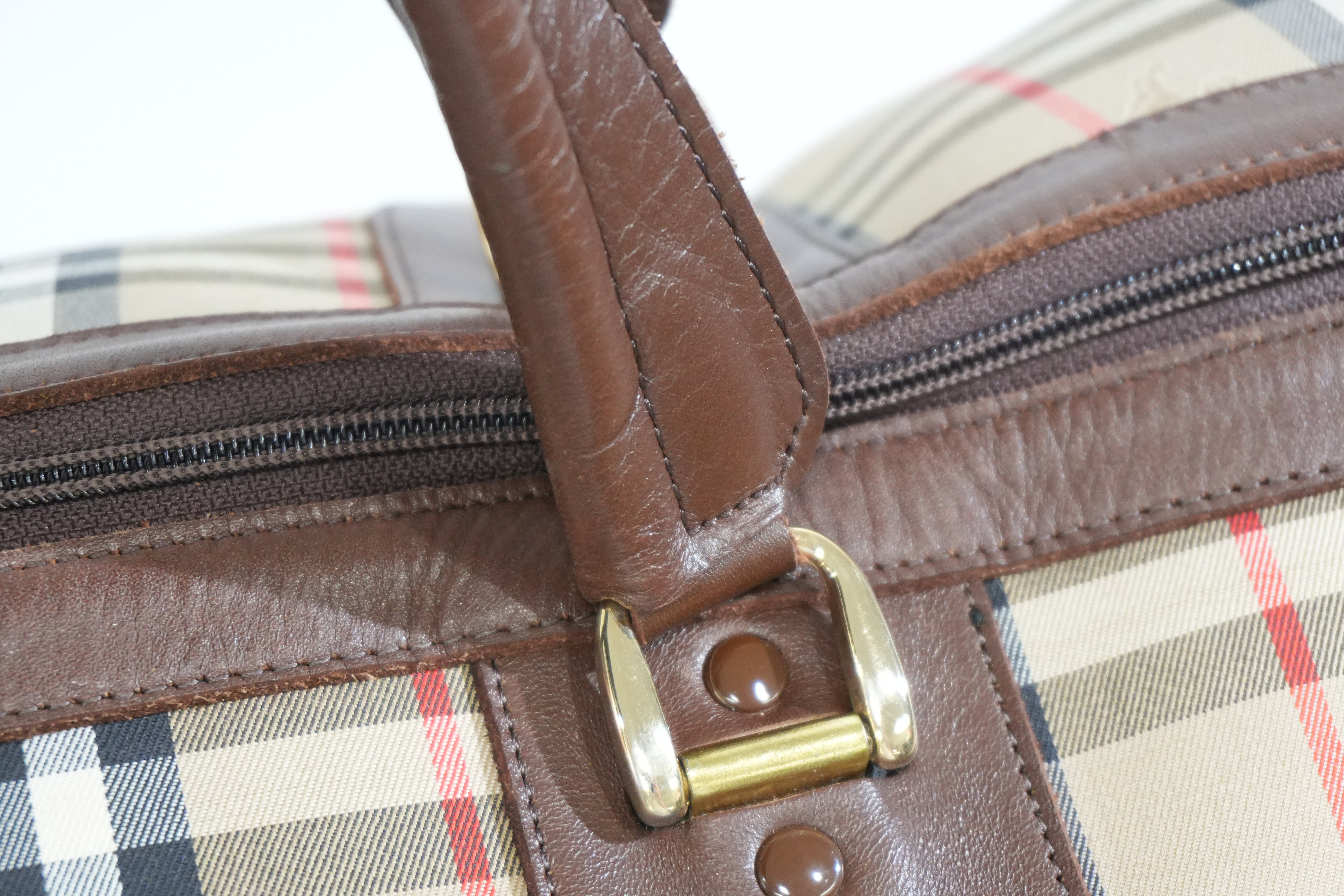 Pre-owned Burberry Haymarket Check Duffle Bag Size 45 Brown