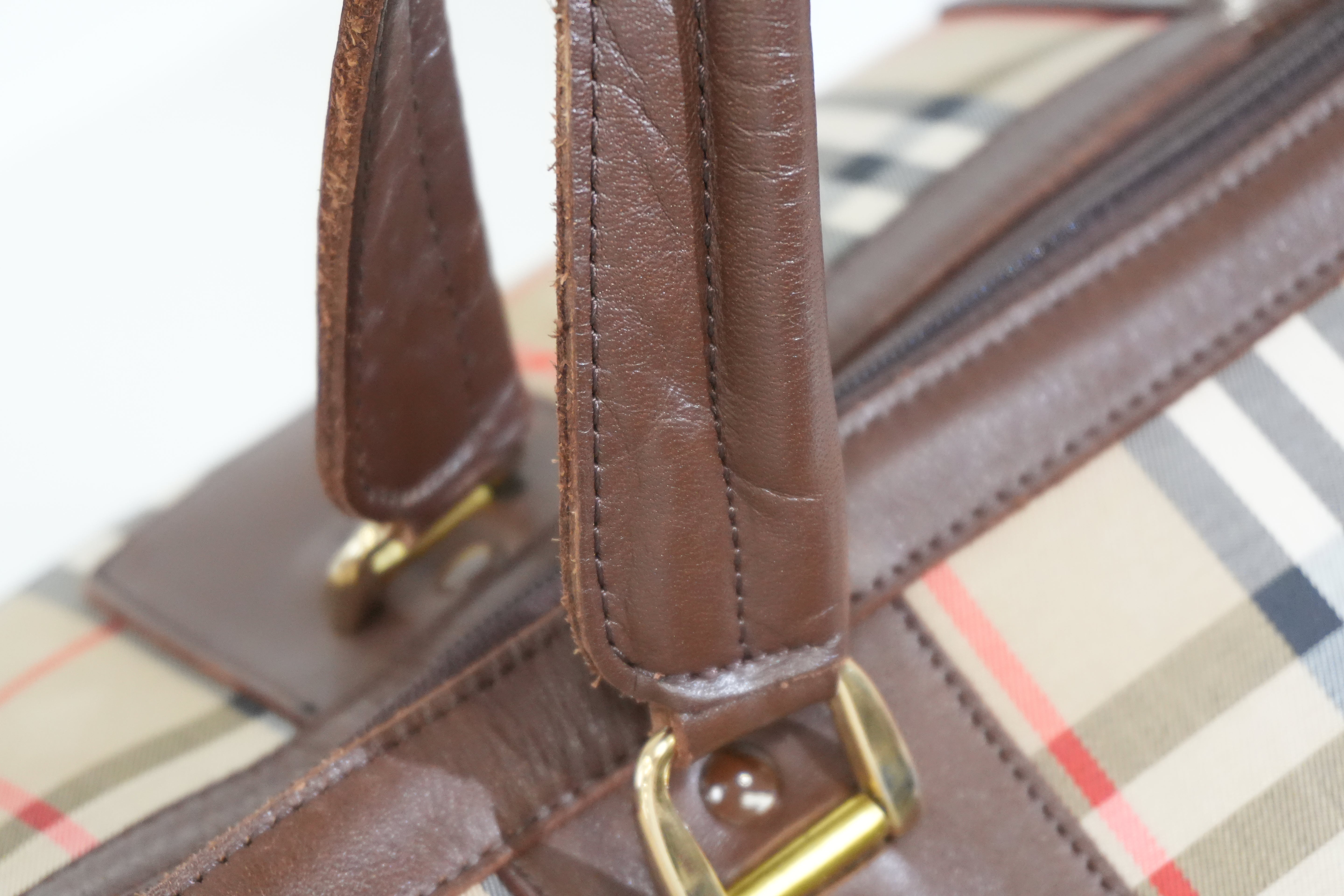 Pre-owned Burberry Haymarket Check Duffle Bag Size 45 Brown