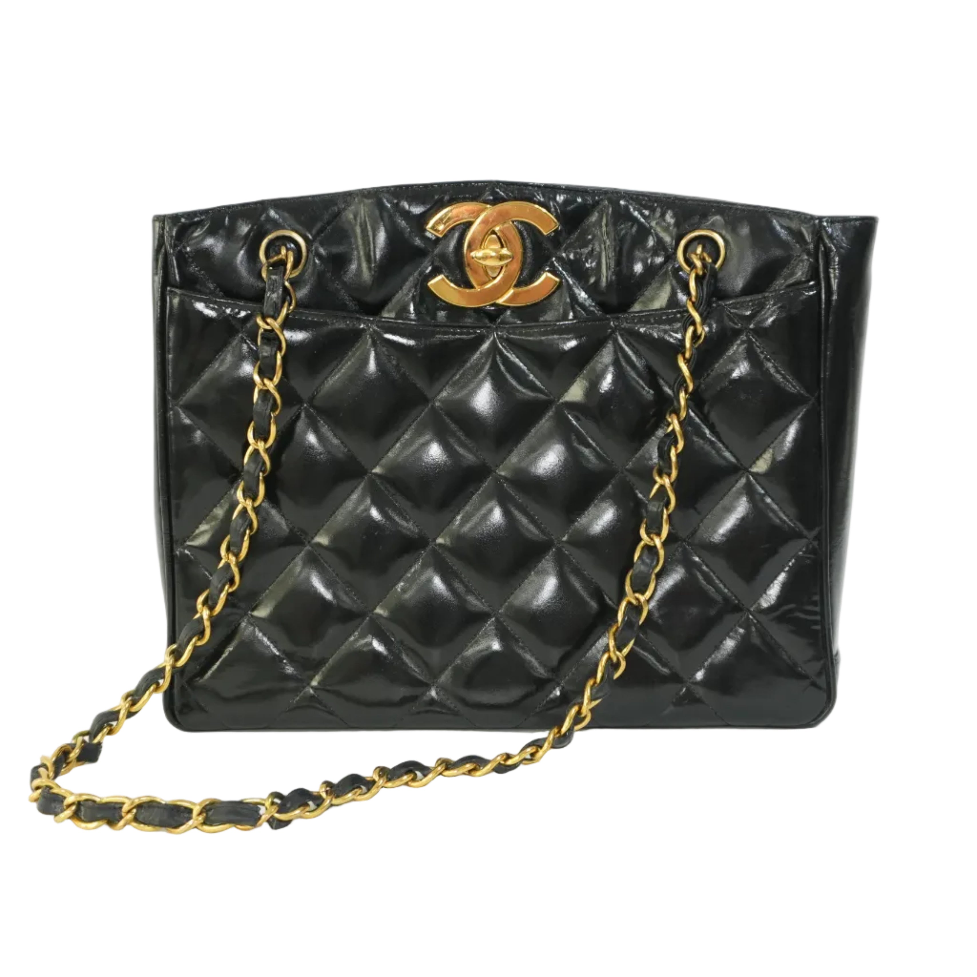 Pre-owned Chanel Patent Lambskin Leather Quilted Tote Bag Black