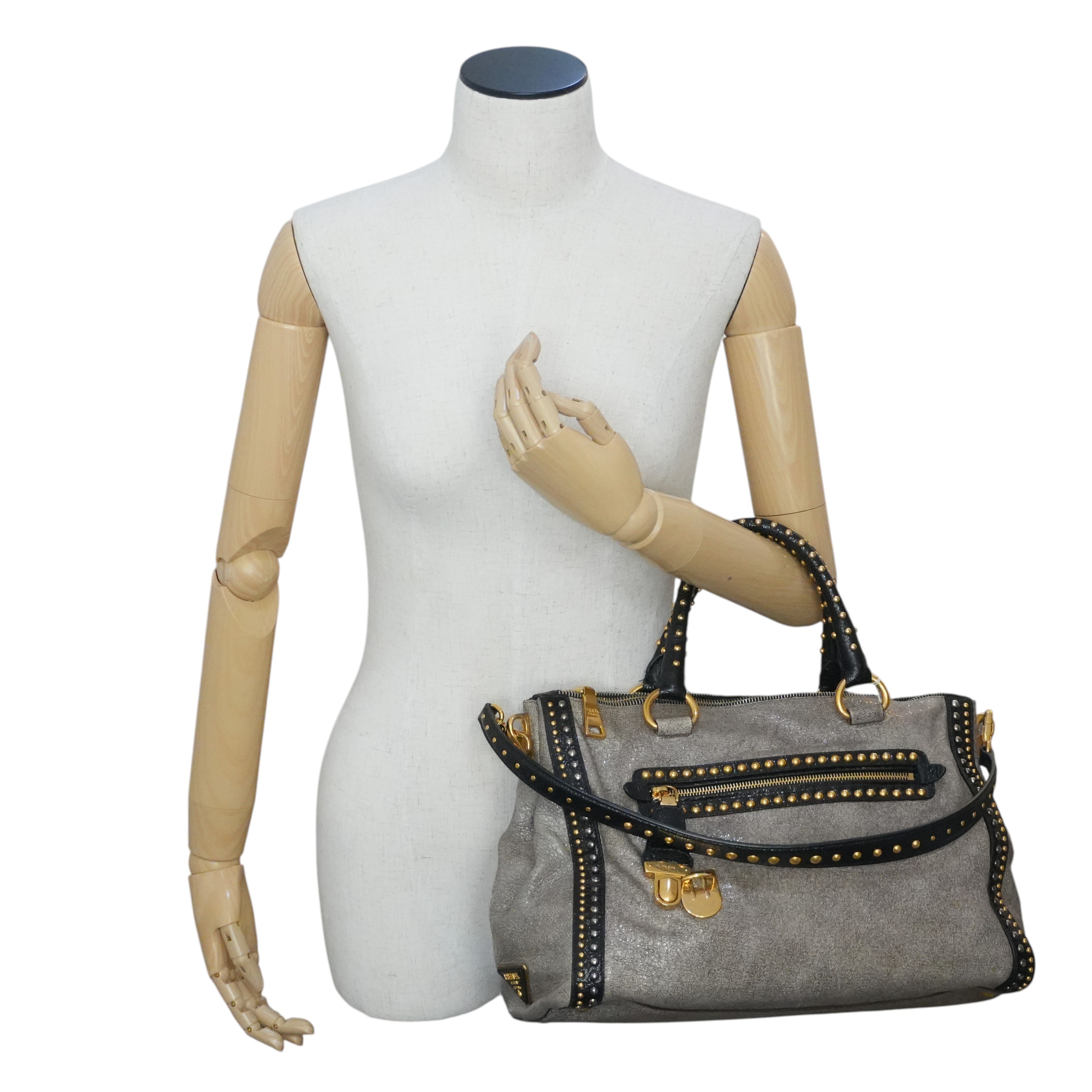 Pre-owned Prada Two Way Talco Craquele Studded Handbag Brown