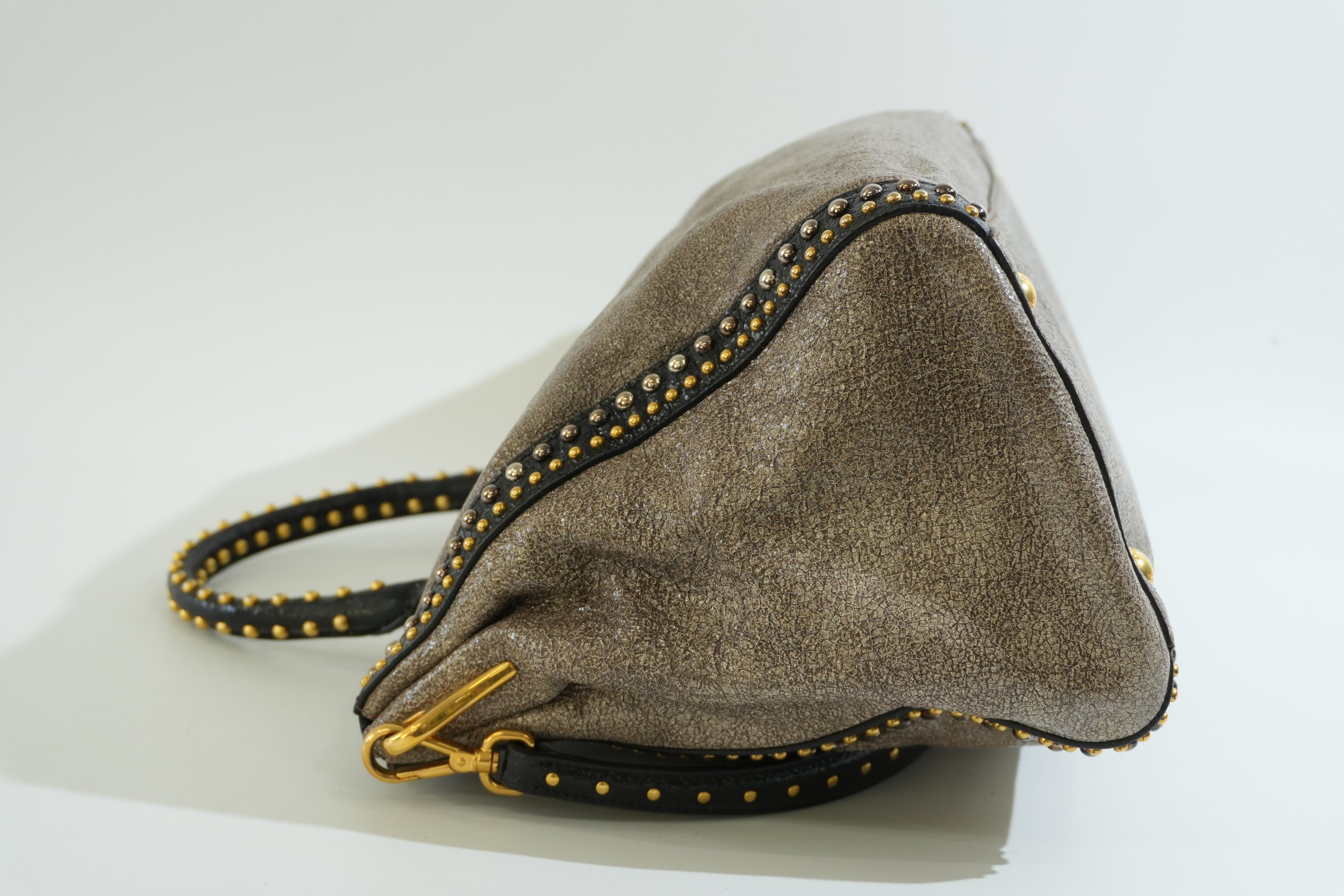 Pre-owned Prada Two Way Talco Craquele Studded Handbag Brown