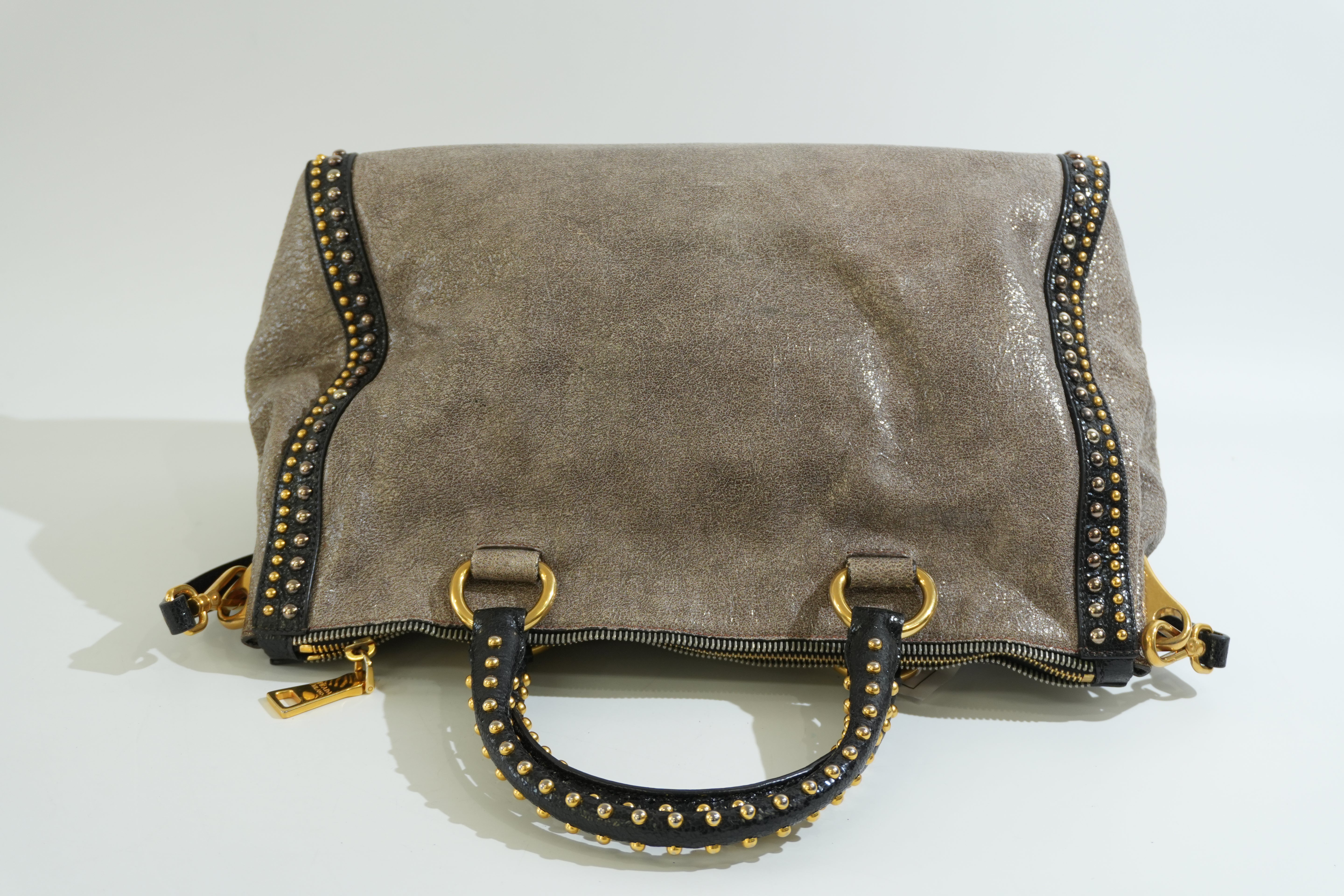 Pre-owned Prada Two Way Talco Craquele Studded Handbag Brown