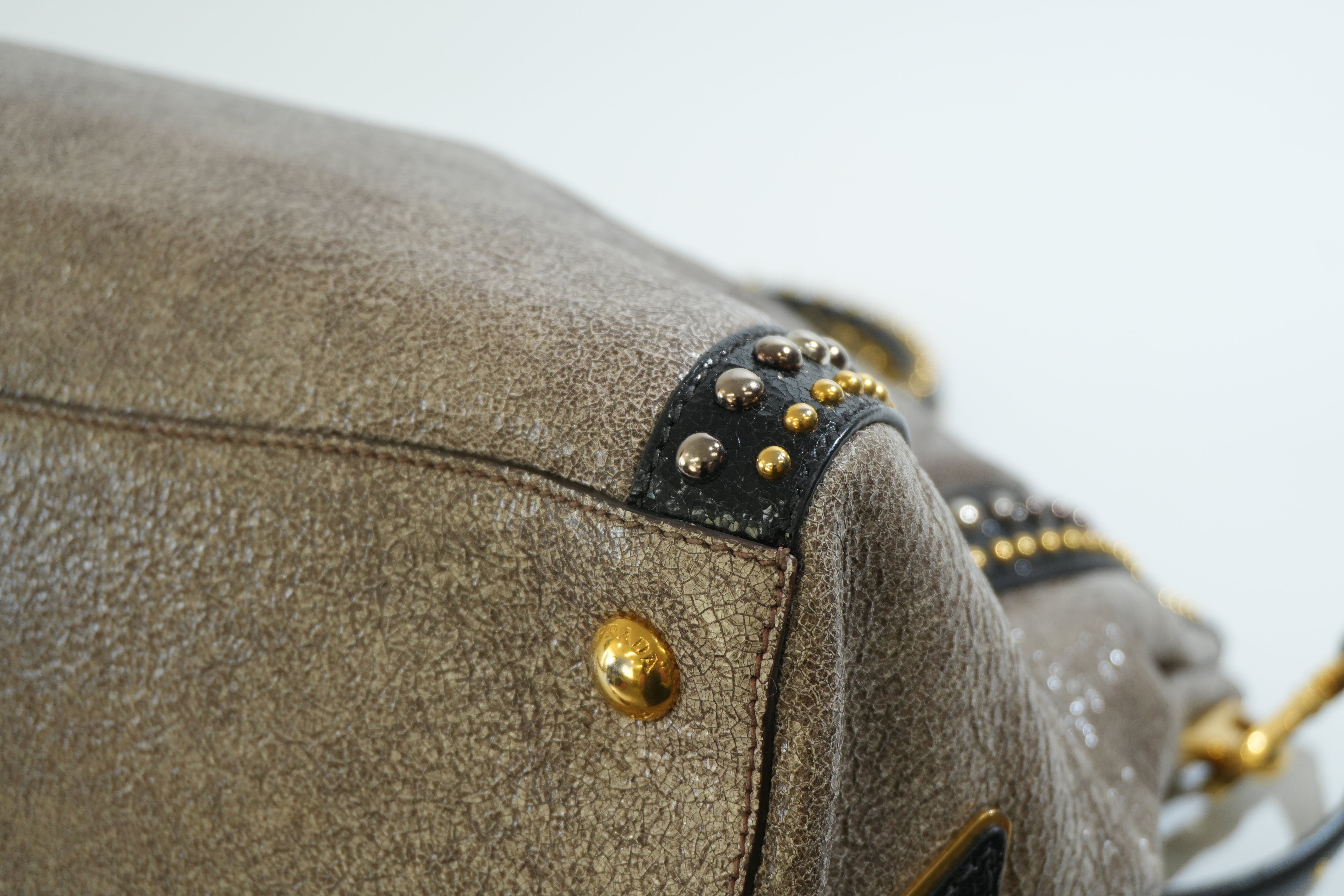 Pre-owned Prada Two Way Talco Craquele Studded Handbag Brown