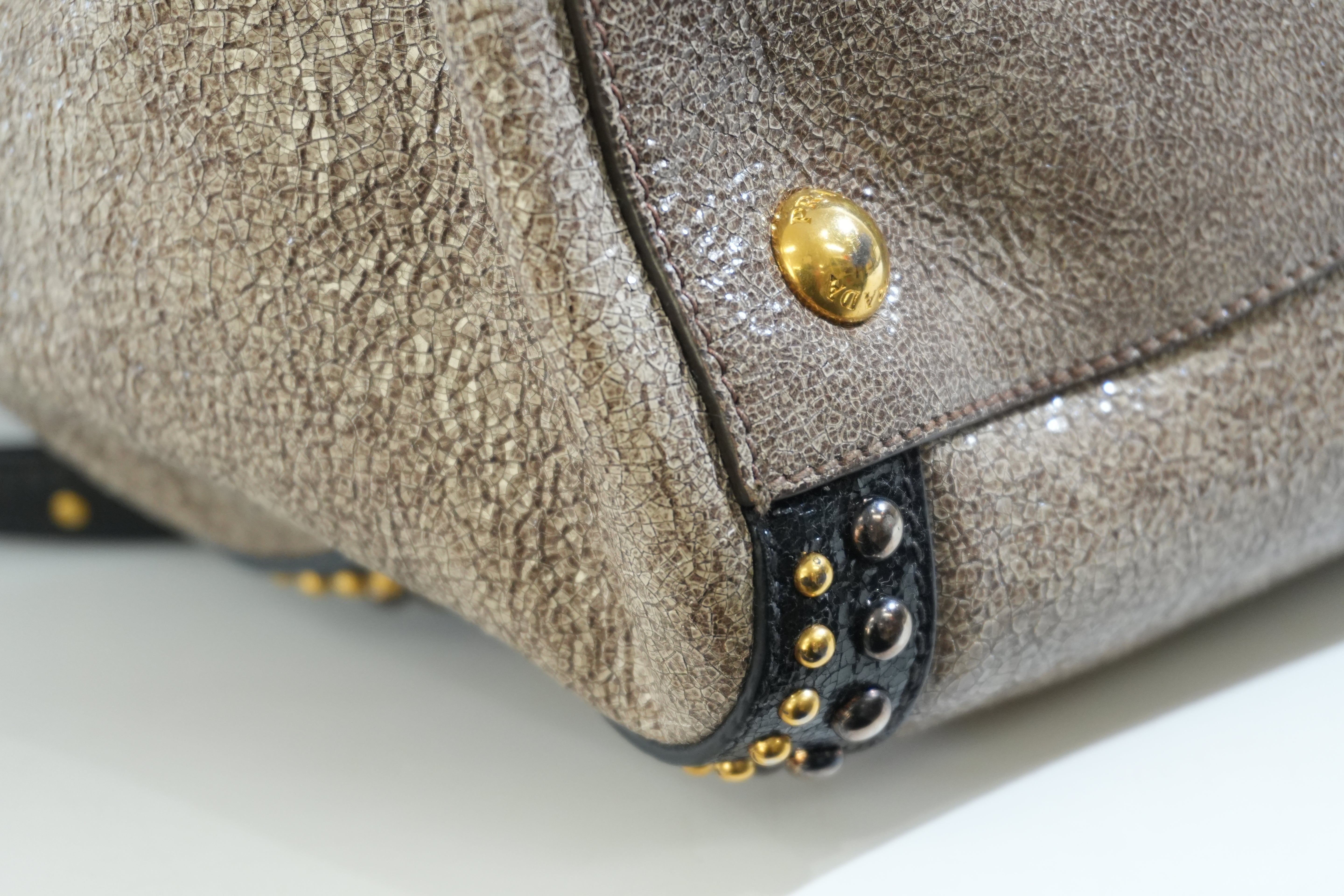 Pre-owned Prada Two Way Talco Craquele Studded Handbag Brown