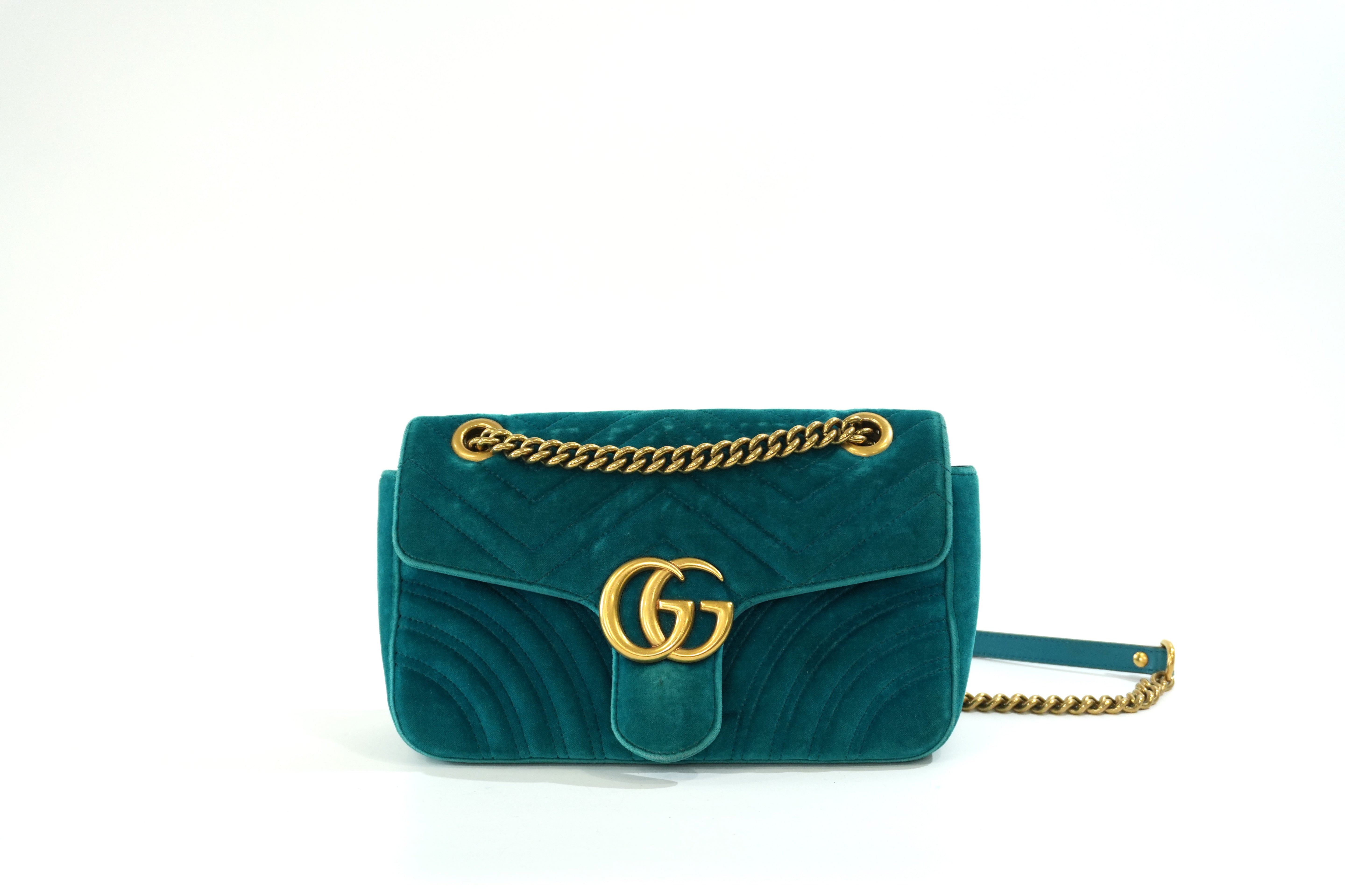 Pre-owned Gucci Velvet Suede Leather Marmont Chain Shoulder Bag Blue Green