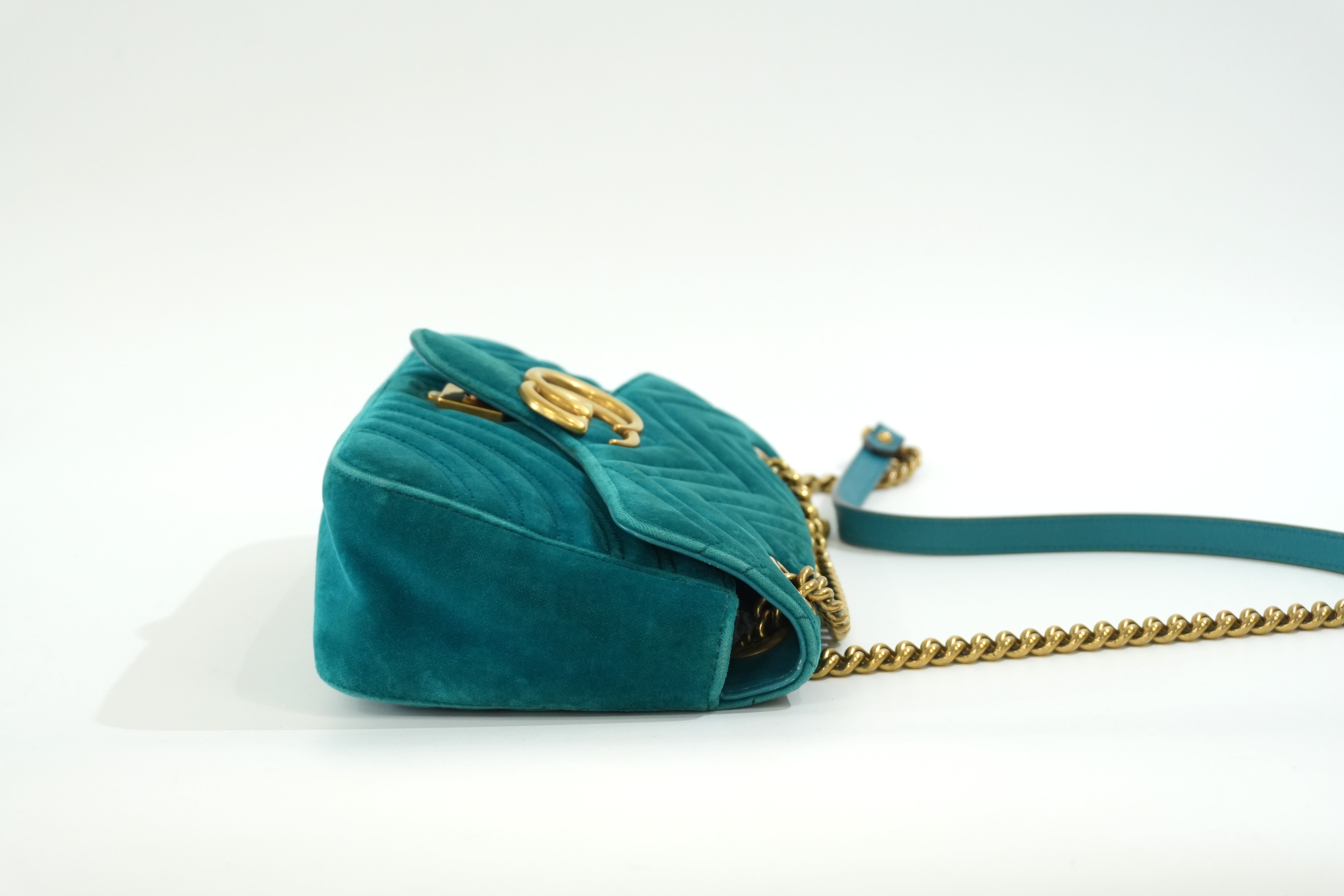 Pre-owned Gucci Velvet Suede Leather Marmont Chain Shoulder Bag Blue Green
