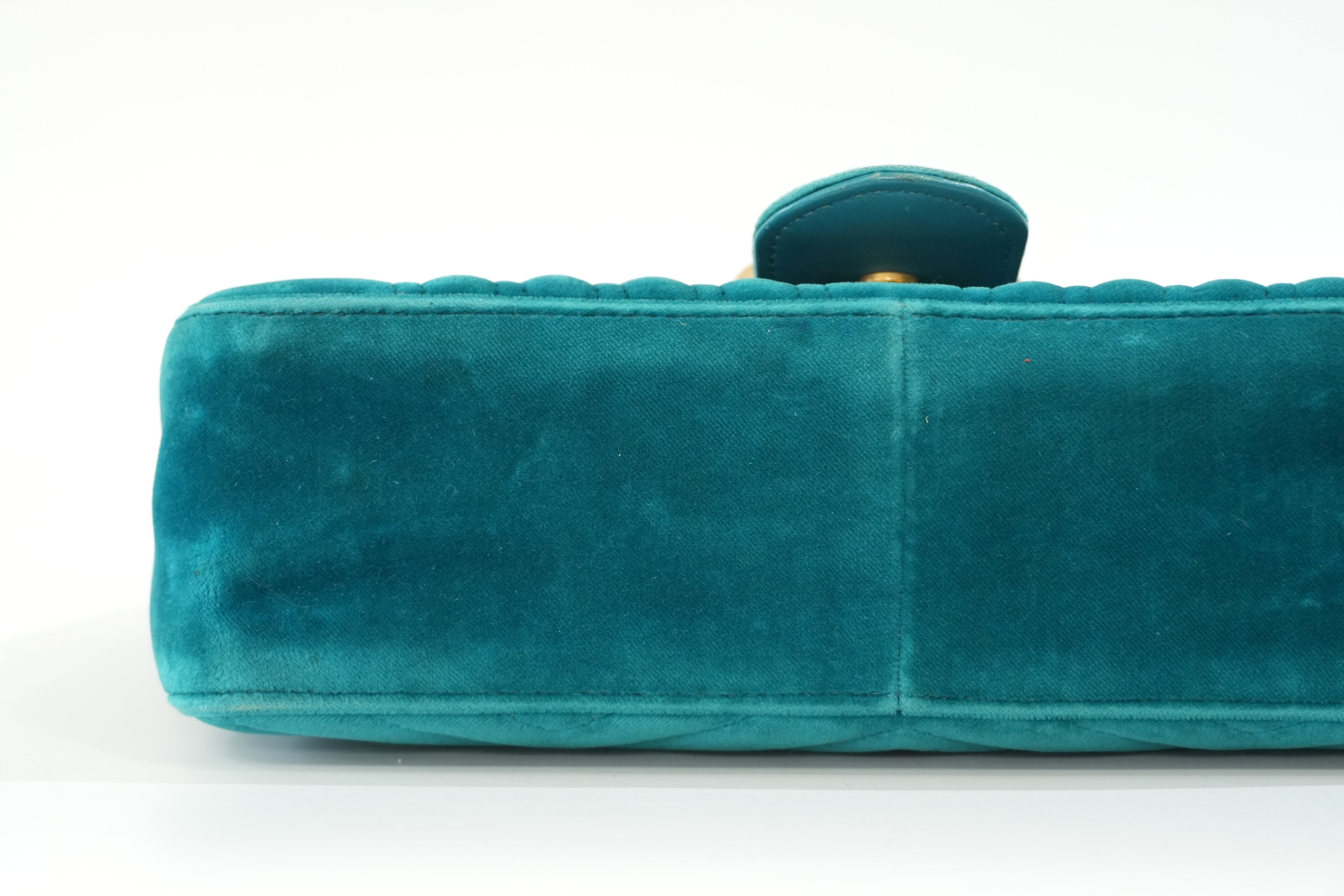 Pre-owned Gucci Velvet Suede Leather Marmont Chain Shoulder Bag Blue Green