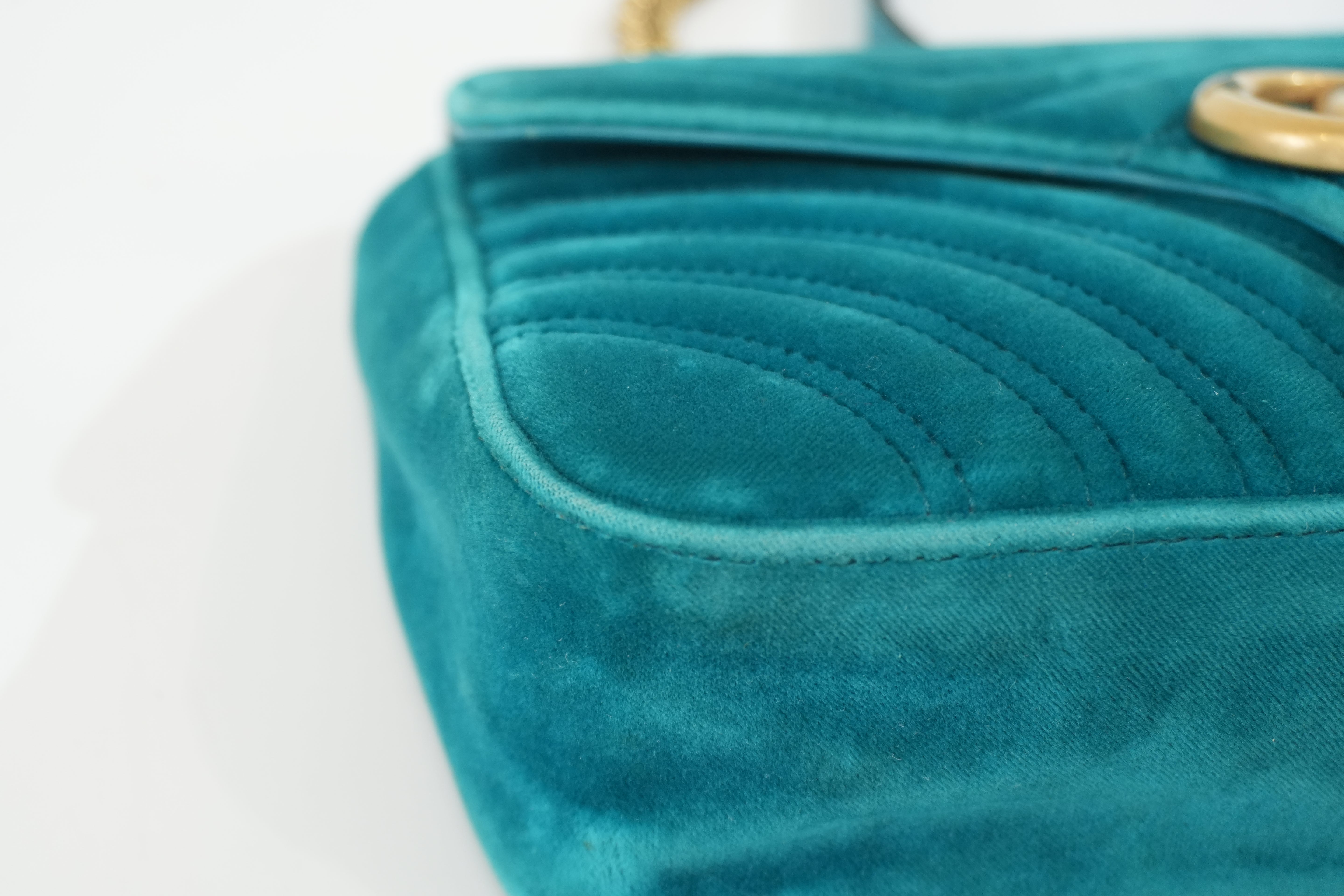Pre-owned Gucci Velvet Suede Leather Marmont Chain Shoulder Bag Blue Green
