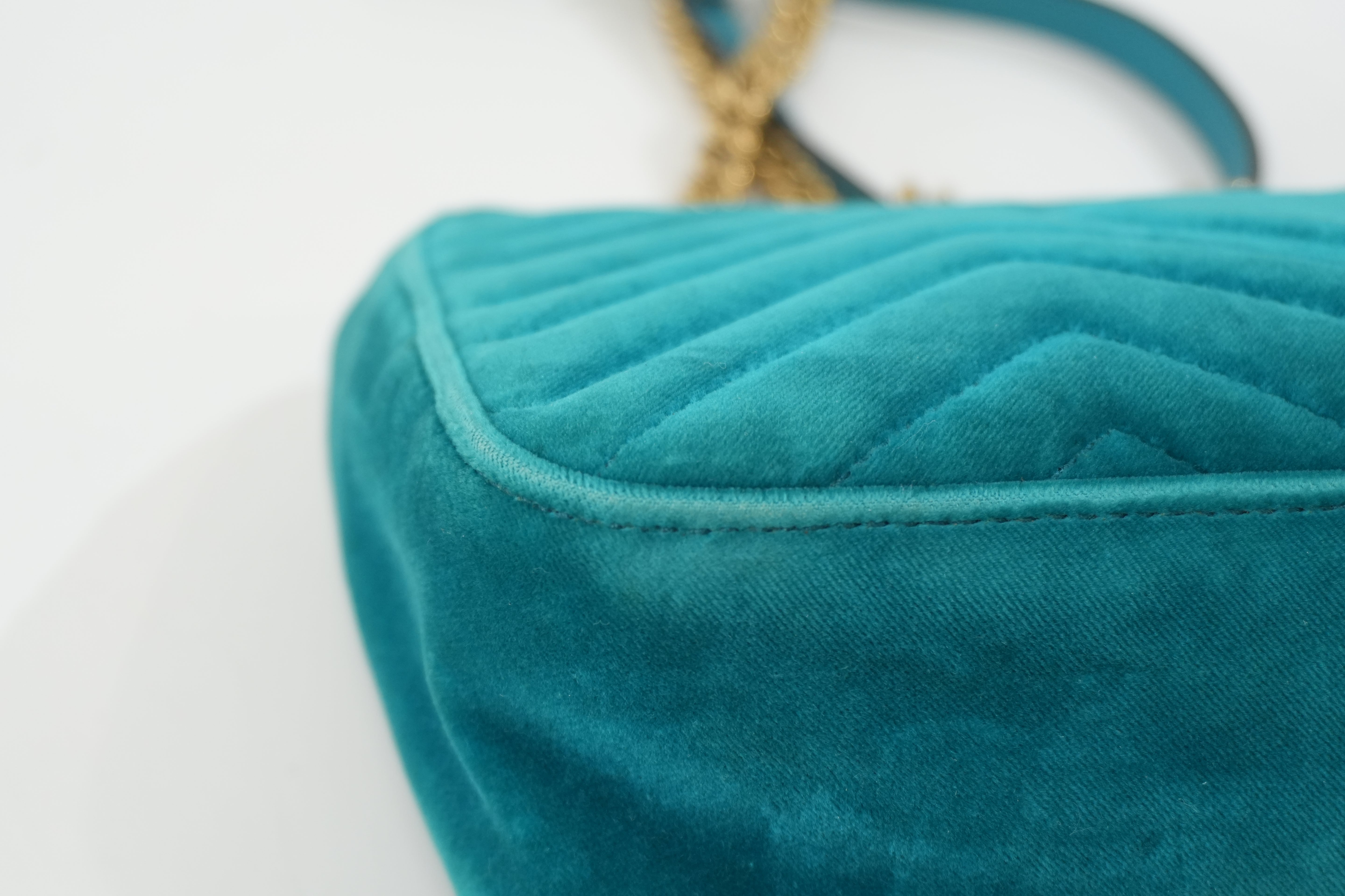 Pre-owned Gucci Velvet Suede Leather Marmont Chain Shoulder Bag Blue Green