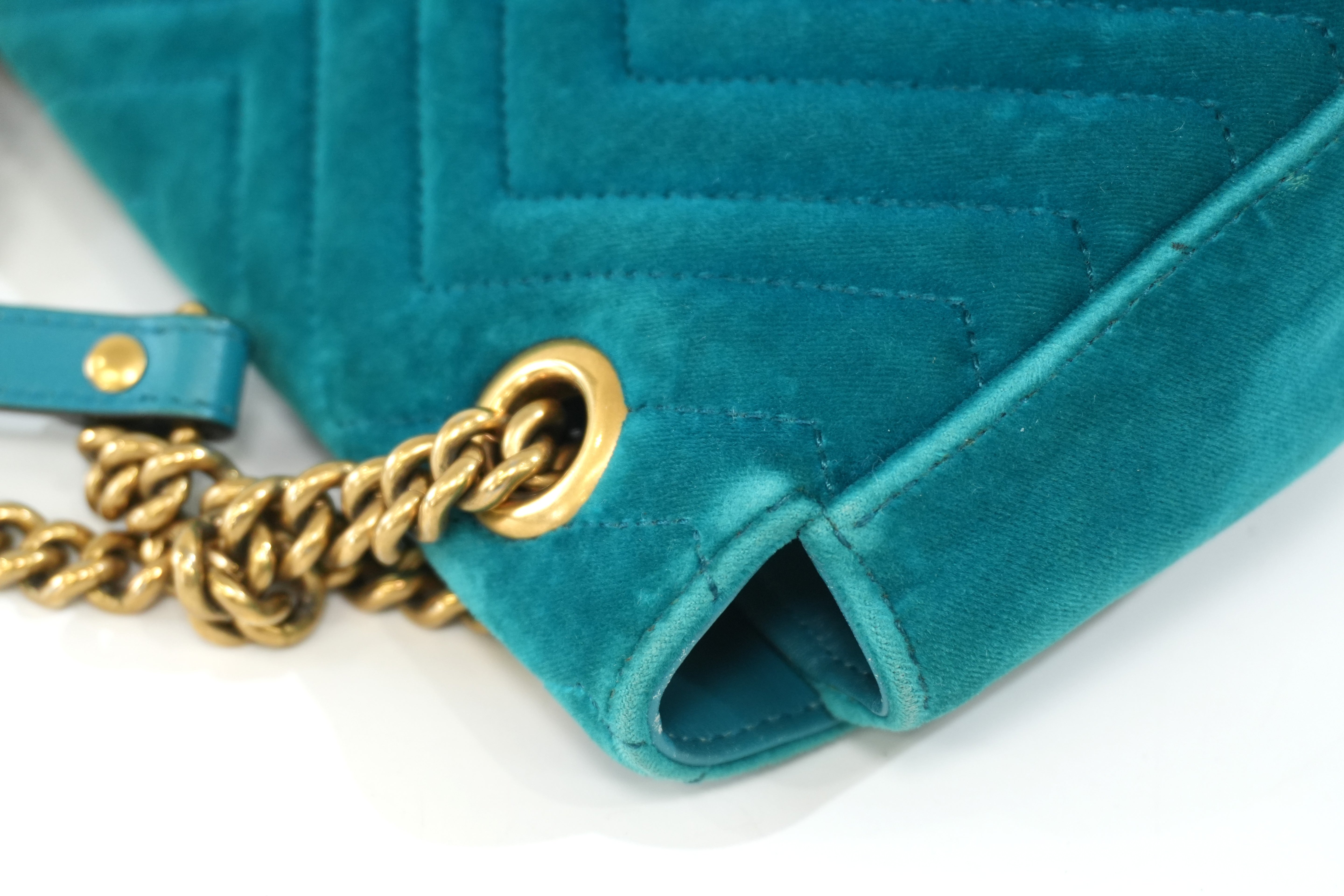 Pre-owned Gucci Velvet Suede Leather Marmont Chain Shoulder Bag Blue Green