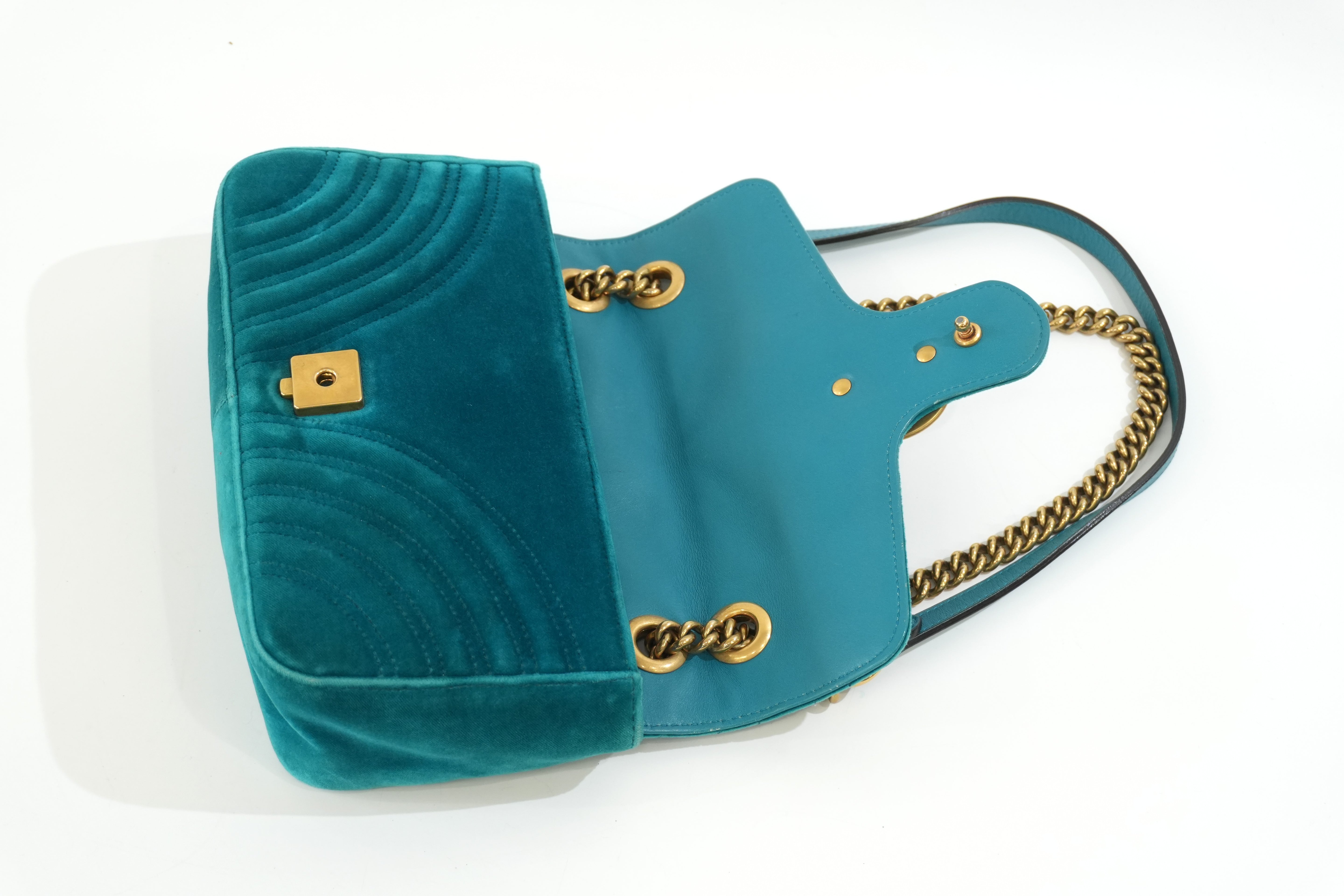 Pre-owned Gucci Velvet Suede Leather Marmont Chain Shoulder Bag Blue Green