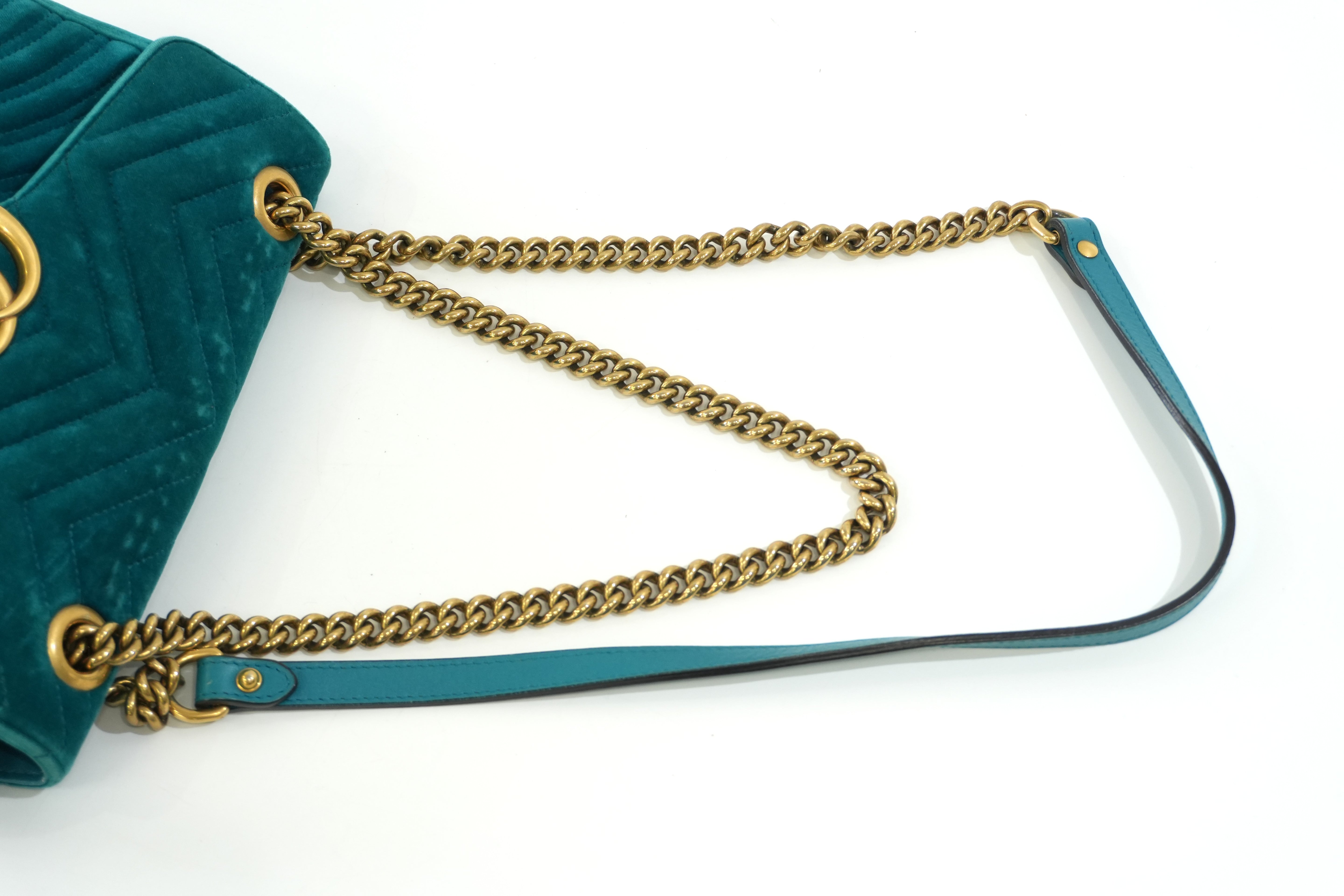 Pre-owned Gucci Velvet Suede Leather Marmont Chain Shoulder Bag Blue Green