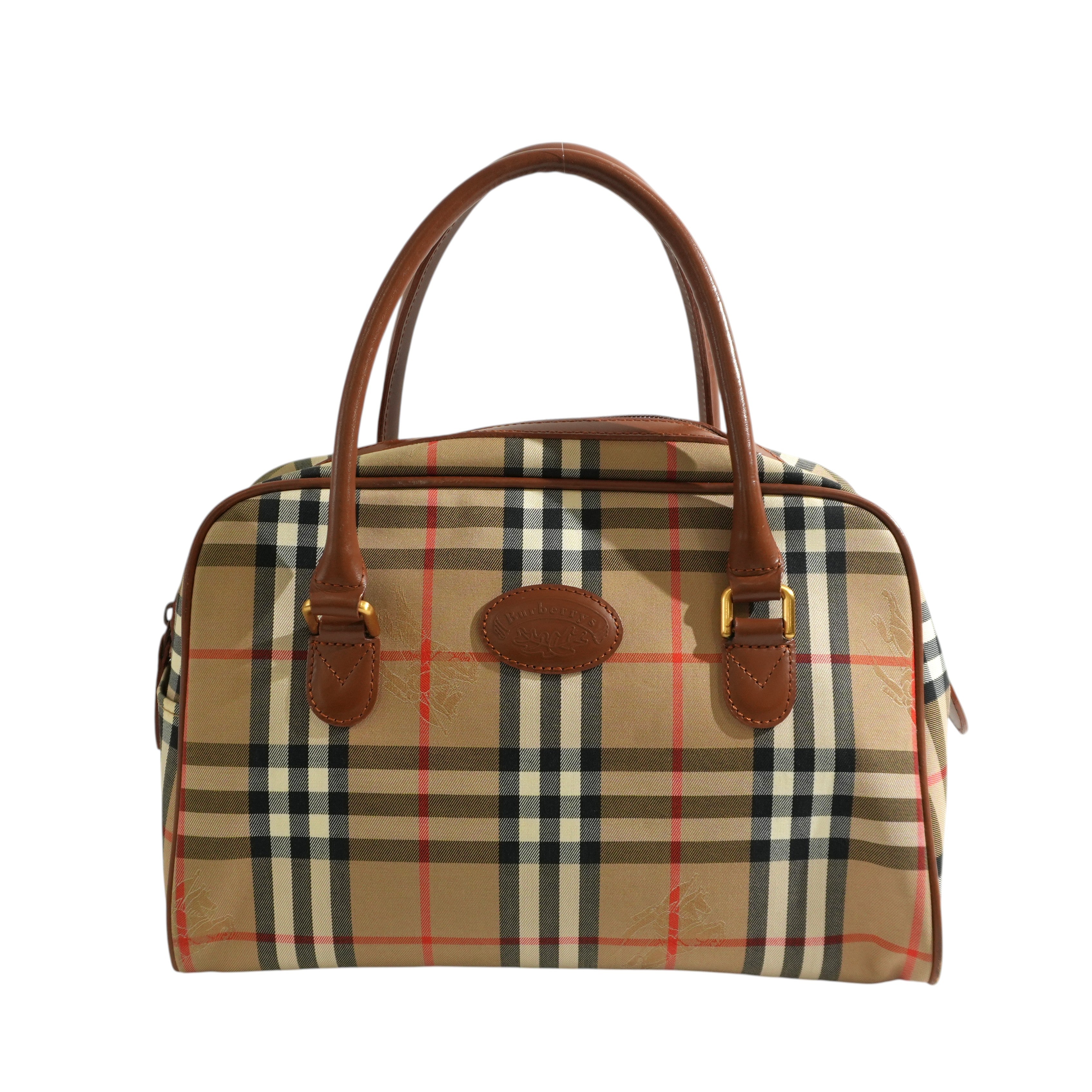 Pre-owned Burberry Haymarket Check Boston Handbag Brown