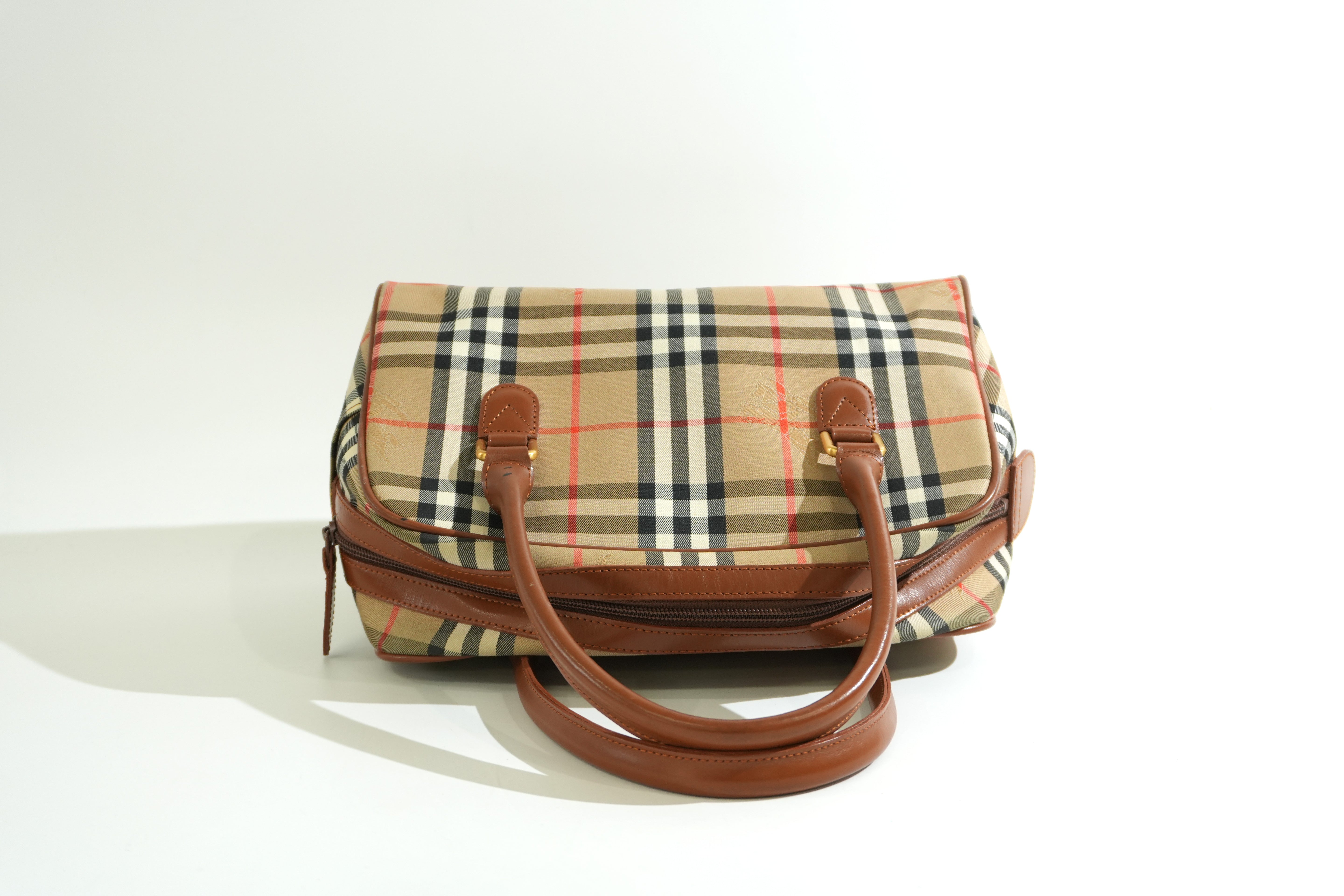 Pre-owned Burberry Haymarket Check Boston Handbag Brown