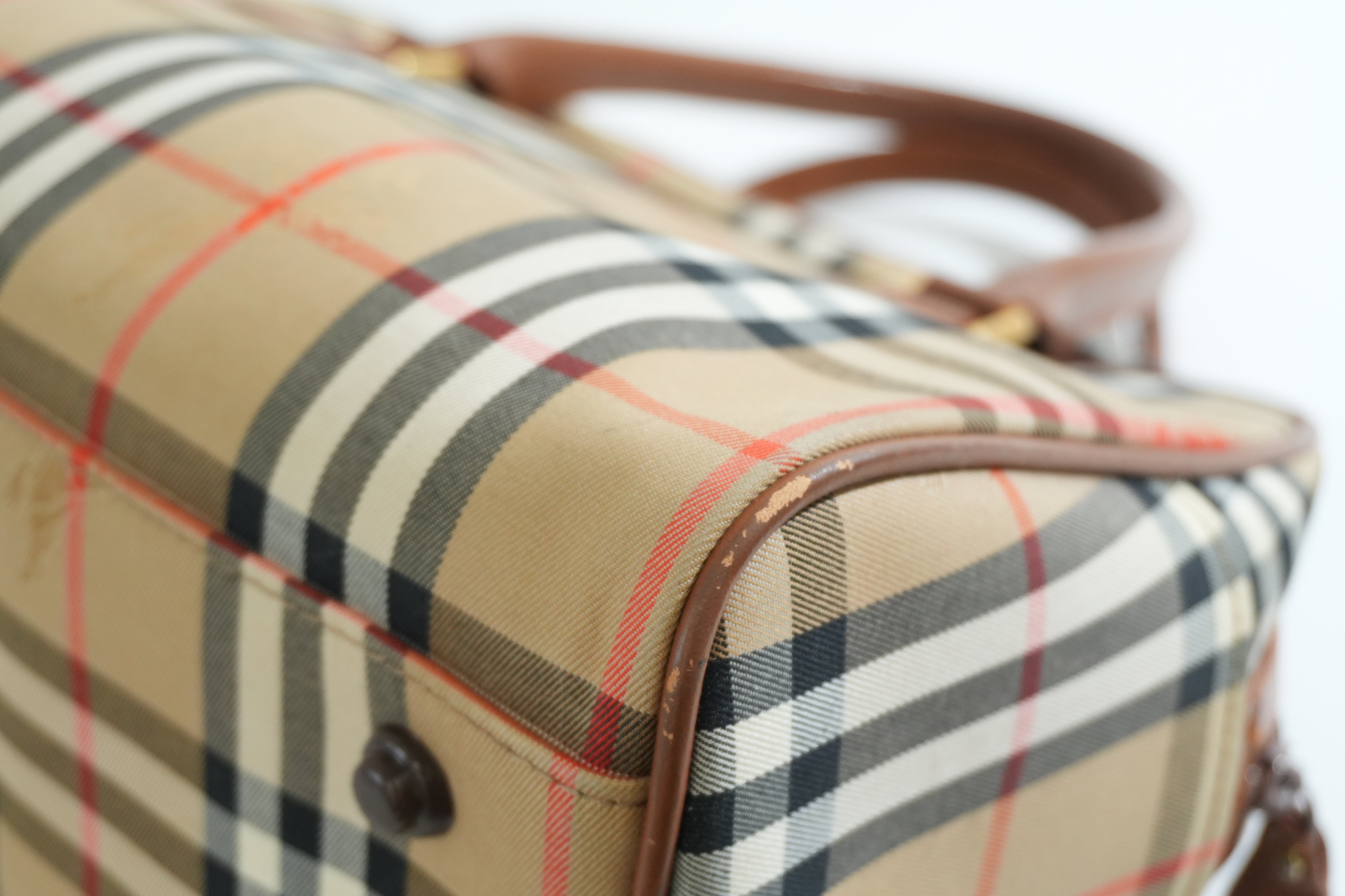 Pre-owned Burberry Haymarket Check Boston Handbag Brown