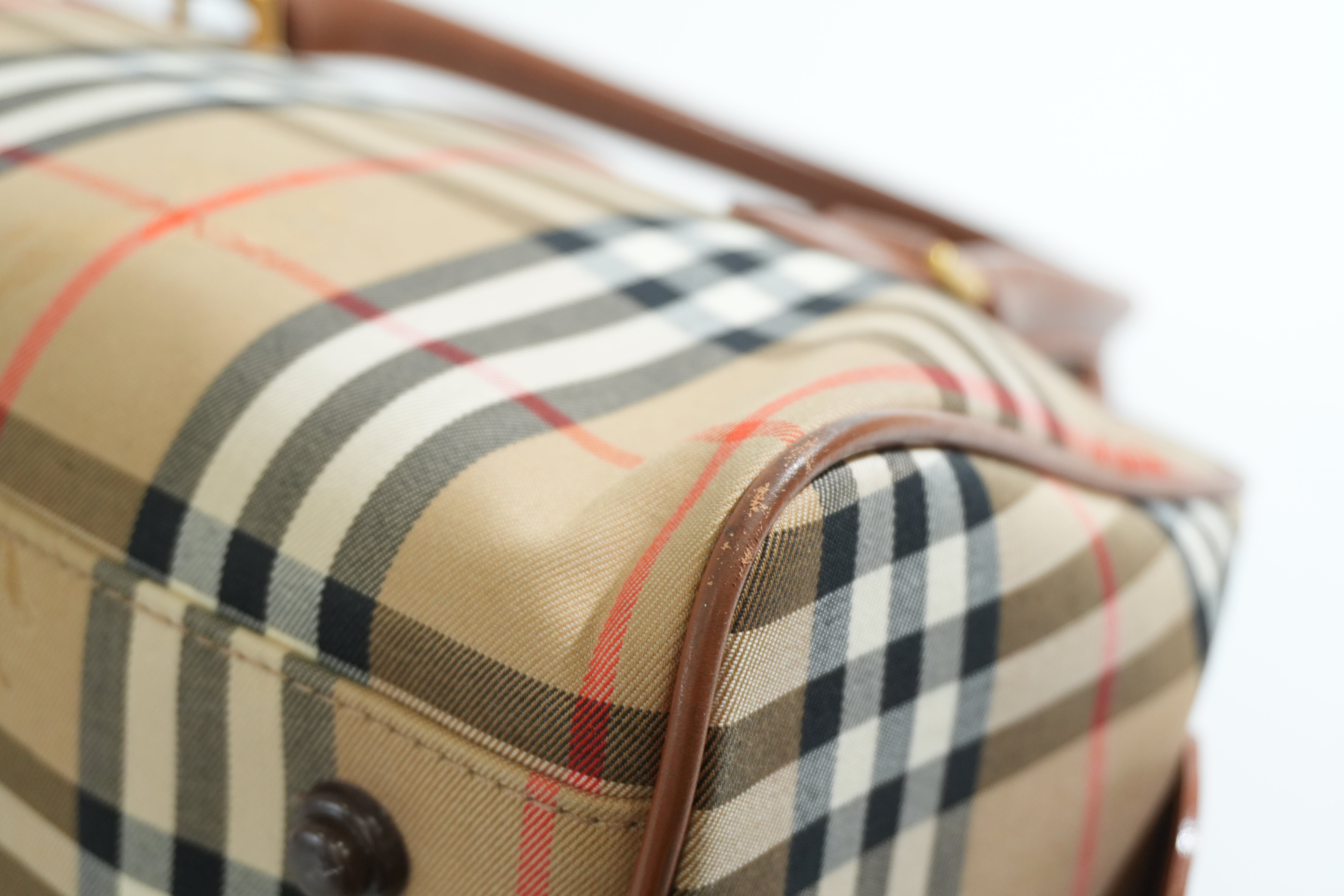 Pre-owned Burberry Haymarket Check Boston Handbag Brown