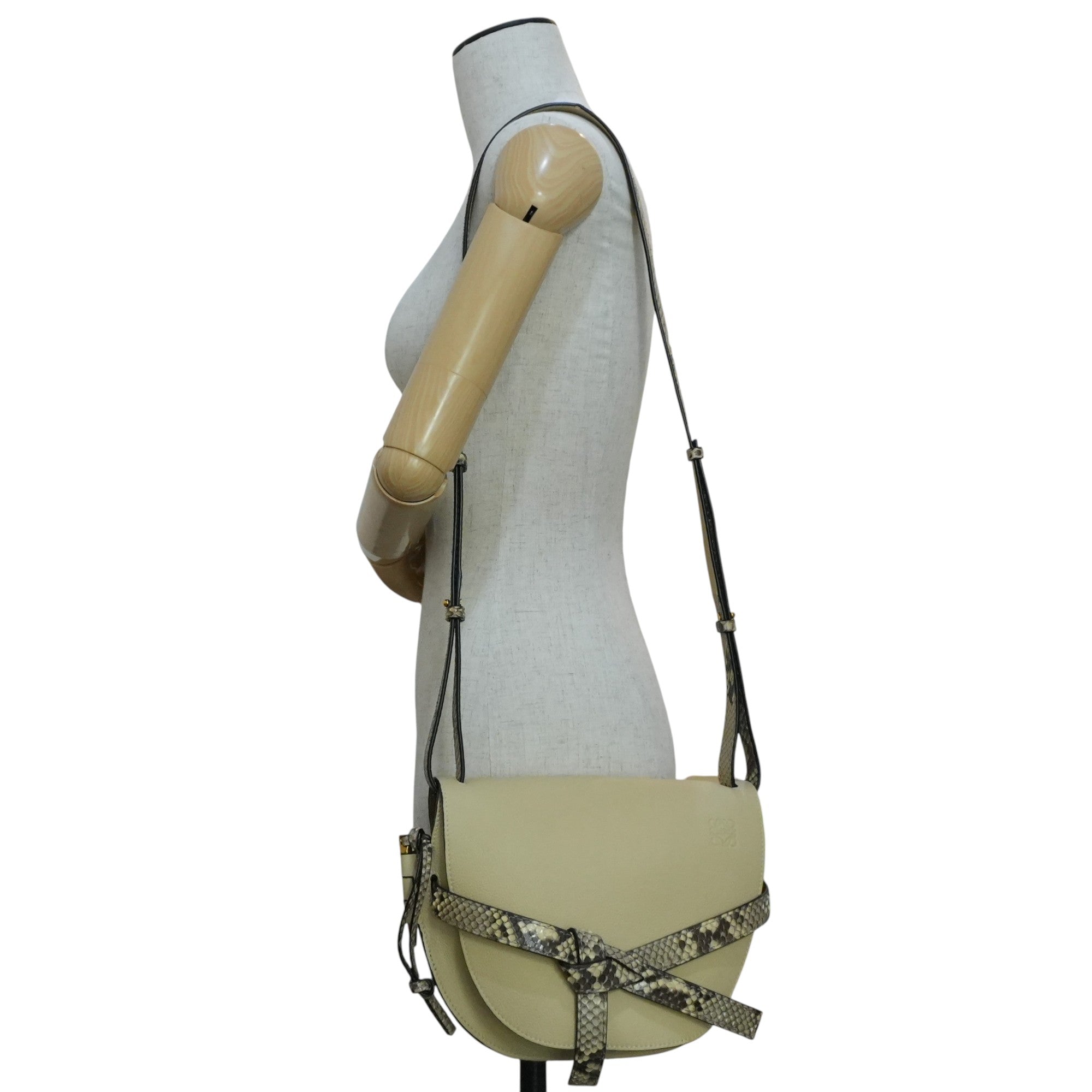 Pre-owned Loewe Gate Snakeskin Print Shoulder Bag Ivory