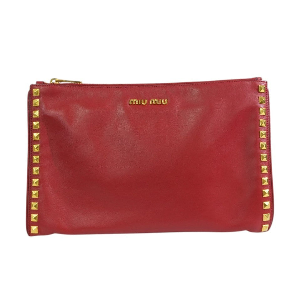 Pre-owned Miumiu Calfskin Leather Studded Clutch Bag Red