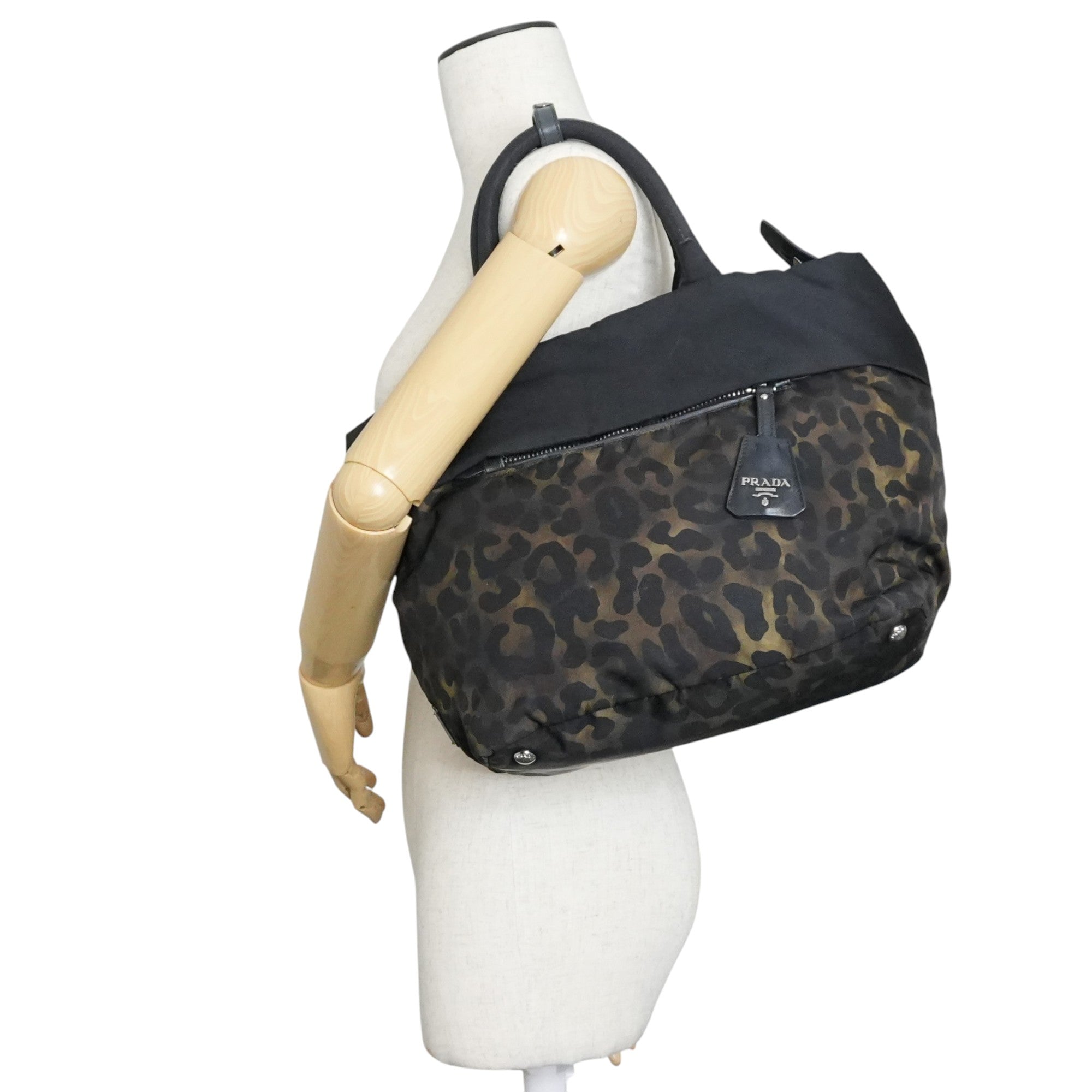 Pre-owned Prada Nylon Padded Animal Print Handbag Brown and Black